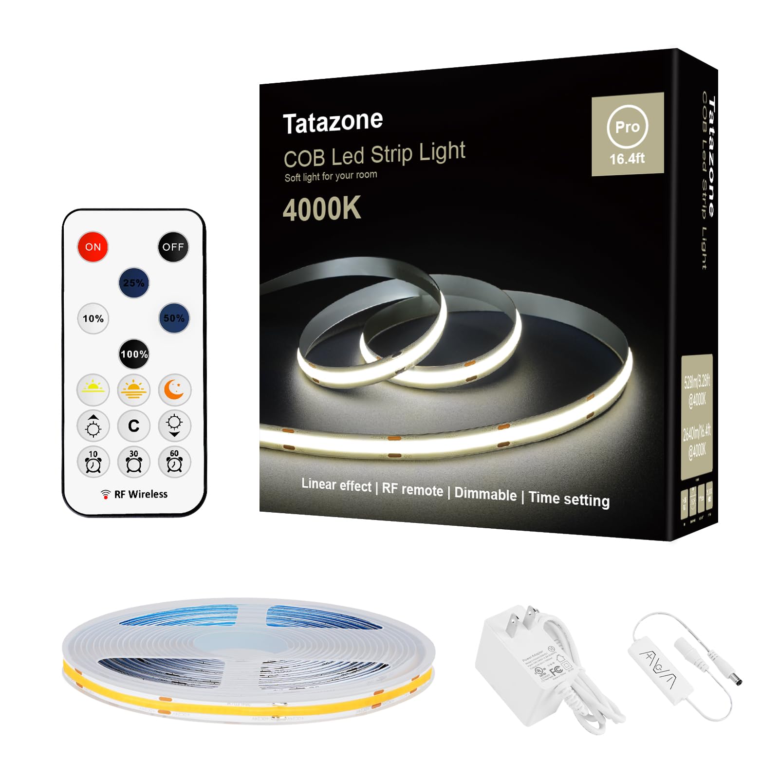 Tatazone COB LED Strip Lights 16.4ft 4000K Dimmable with RF Remote - Indoor Lighting for Mirror, Ceiling, Kitchen, Cabinet, Closet