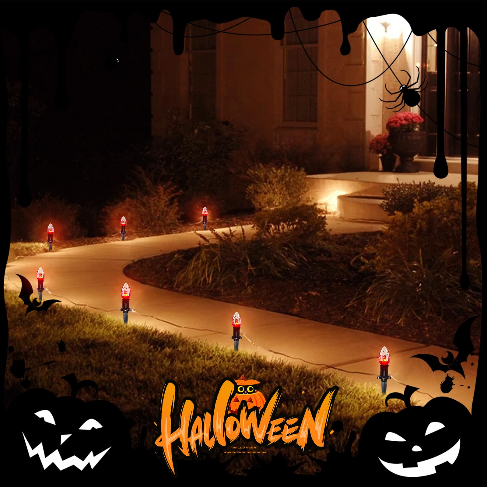 38Ft Outdoor Halloween Decorations Pathway Lights, C9 Flickering Flame Pathway String Lights With 25 Stakes Lights, Plug In Hall