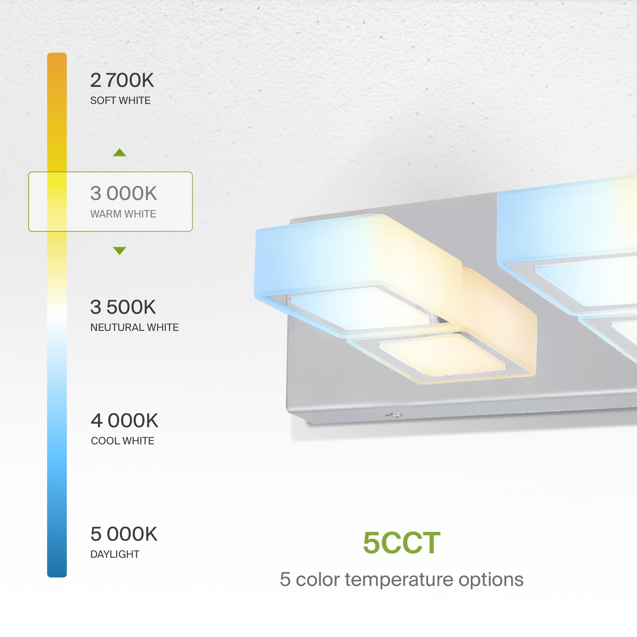 ASD LED Bathroom Vanity Light Fixture, 2-Light, Dimmable, 2700-6000K, Chrome, Model A-LVF25M-2D12CH-4p,