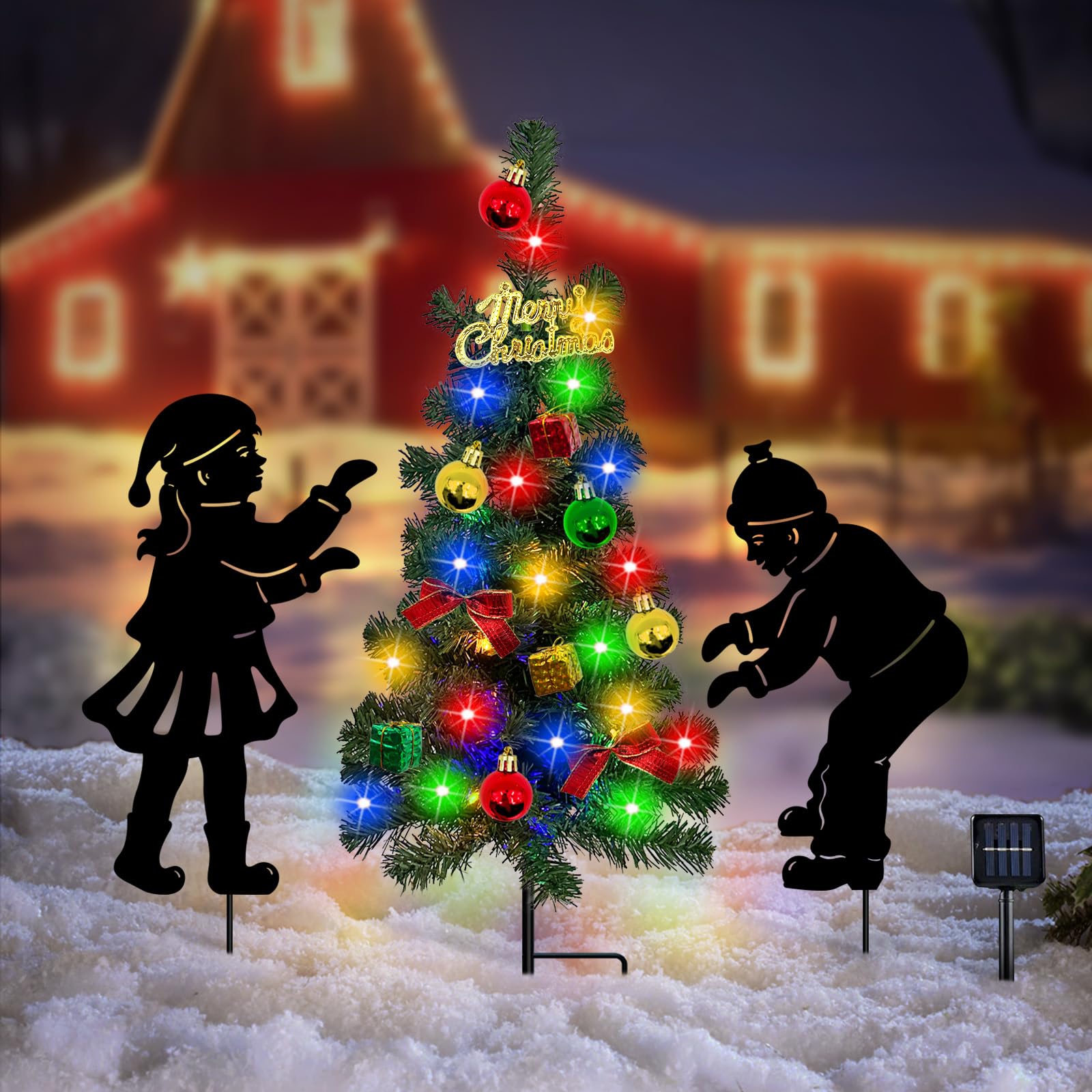 Solar Outdoor Christmas Tree,3 Pack Christmas Outdoor Decorations with Boy and Girl Garden Stakes,Color Changing LED Lights,Wate