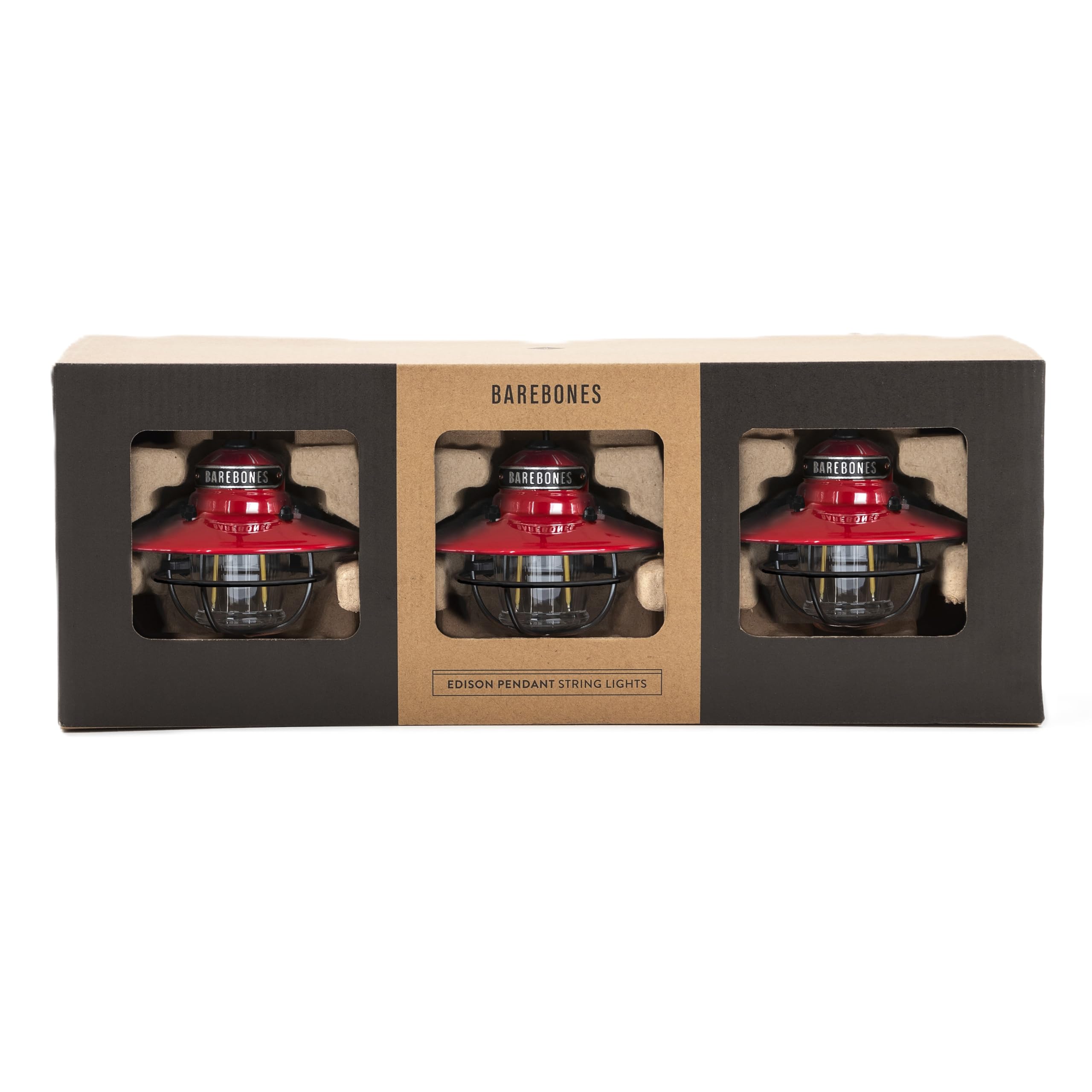 Barebones Edison Pendant String Lights - Red, 3 Edison-Style Led Bulbs With 10-Foot Cord, Energy-Efficient Outdoor Lanterns For