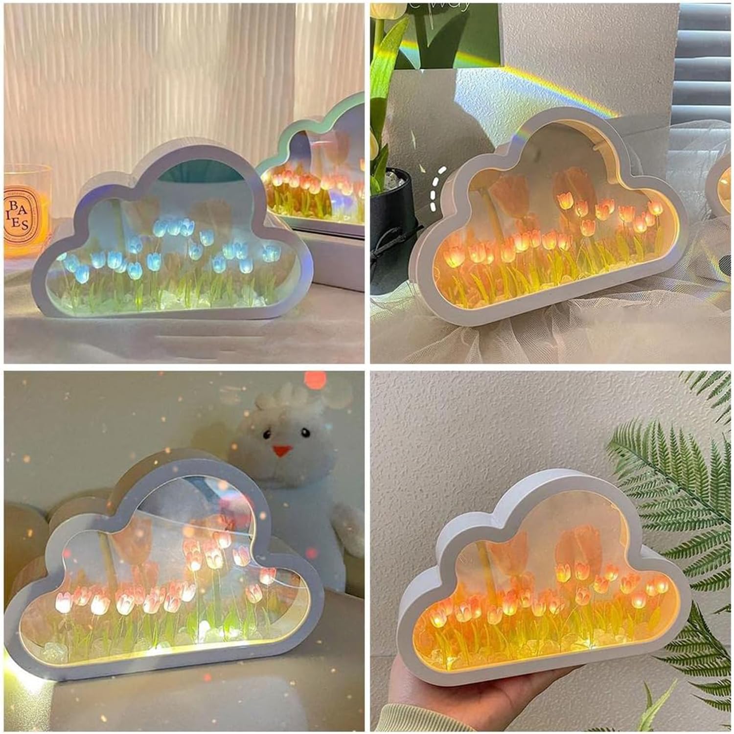 Yckeogln DIY Cloud Tulip Mirror Night Light, Pink Plastic Table Lamp for Bedroom Decor, Model YK-Cloud Tulips Light