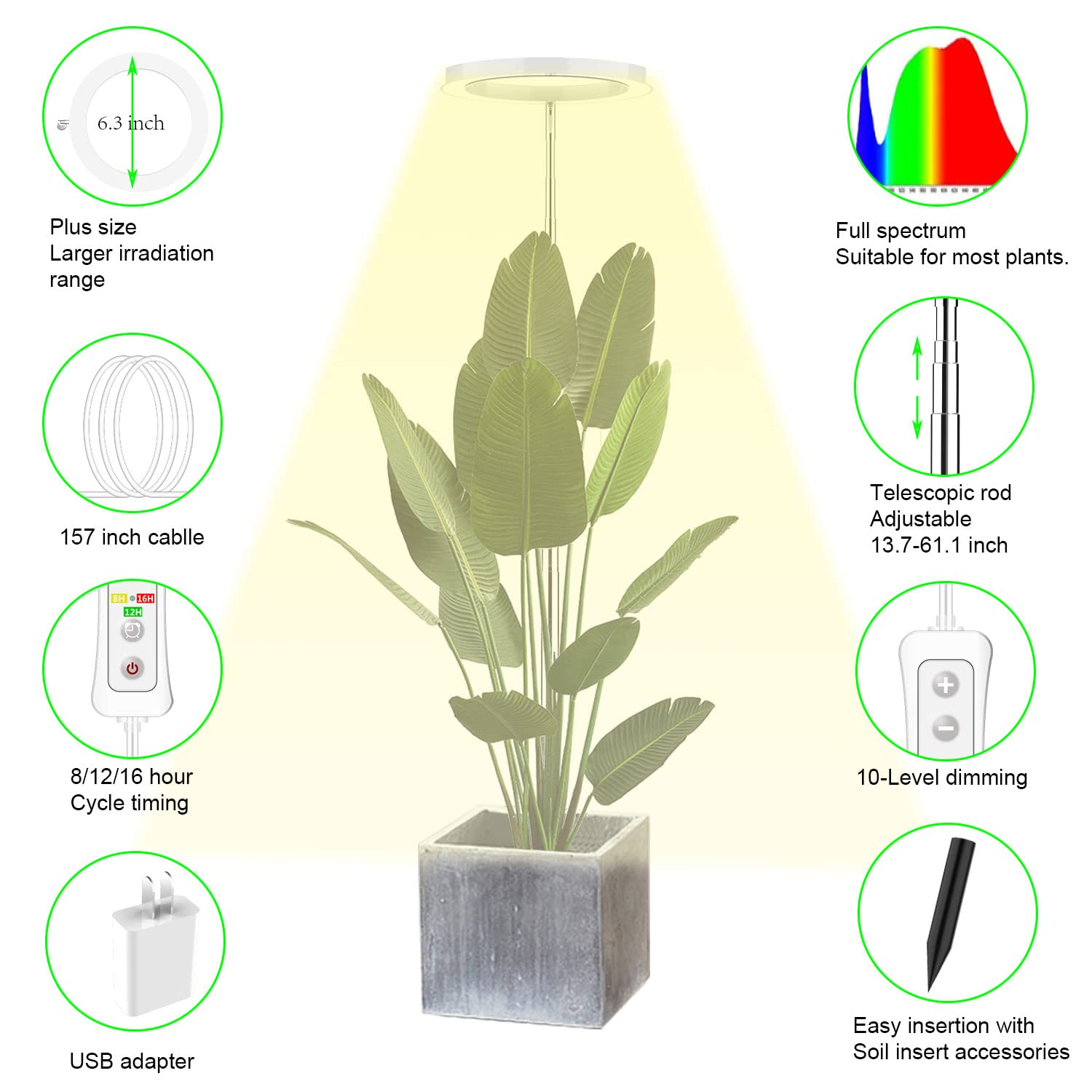 yadoker LED Grow Light Full Spectrum, Adjustable Height, Automatic Timer, 2 Pack, Mix White, Model ZY-GL-04, Aluminum