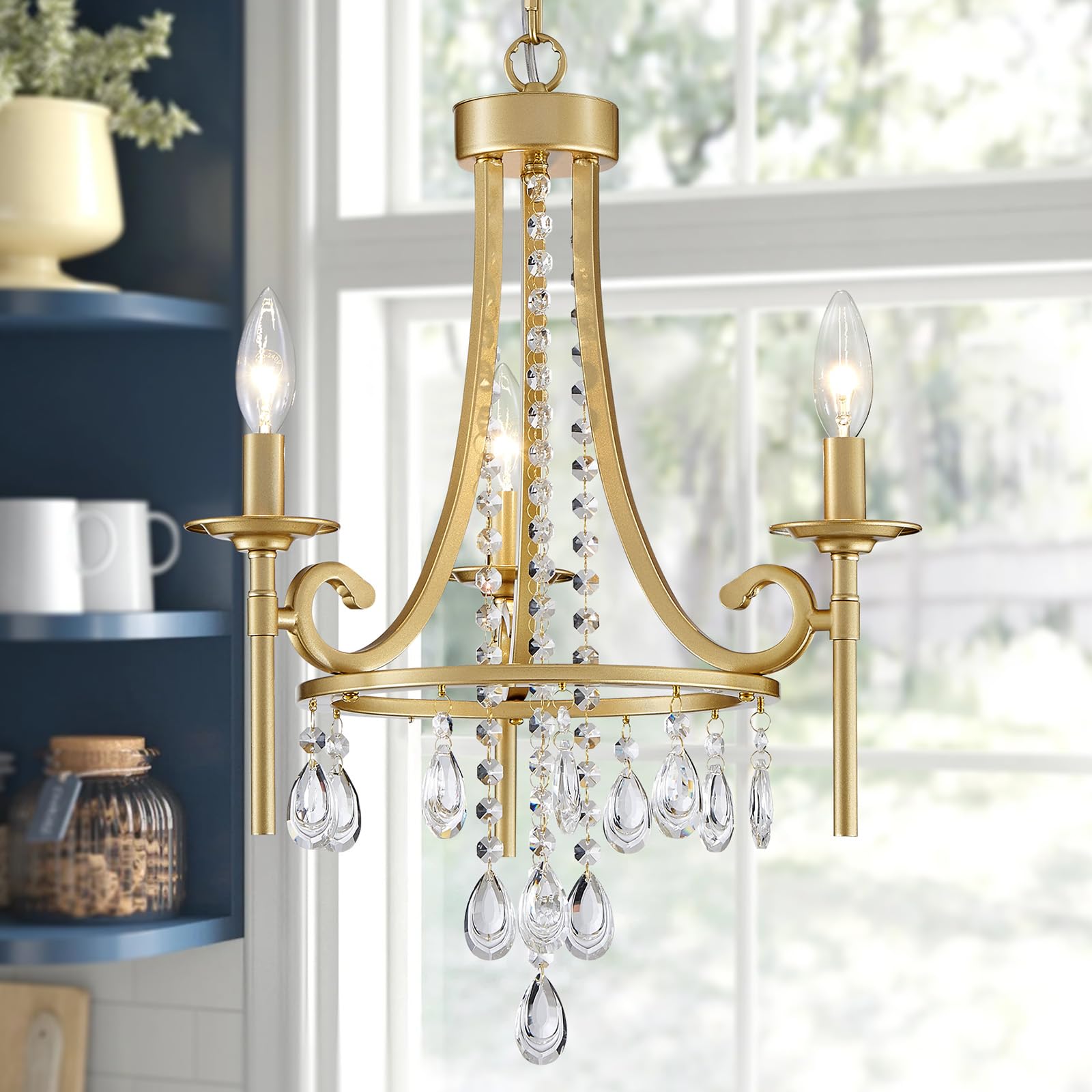 WUZUPS Candle Chandelier 3-Light Pendant Ceiling Light, Gold Metal, E12 Base, 16.1in Wide, 23.8in High, Model CAHD90039-G