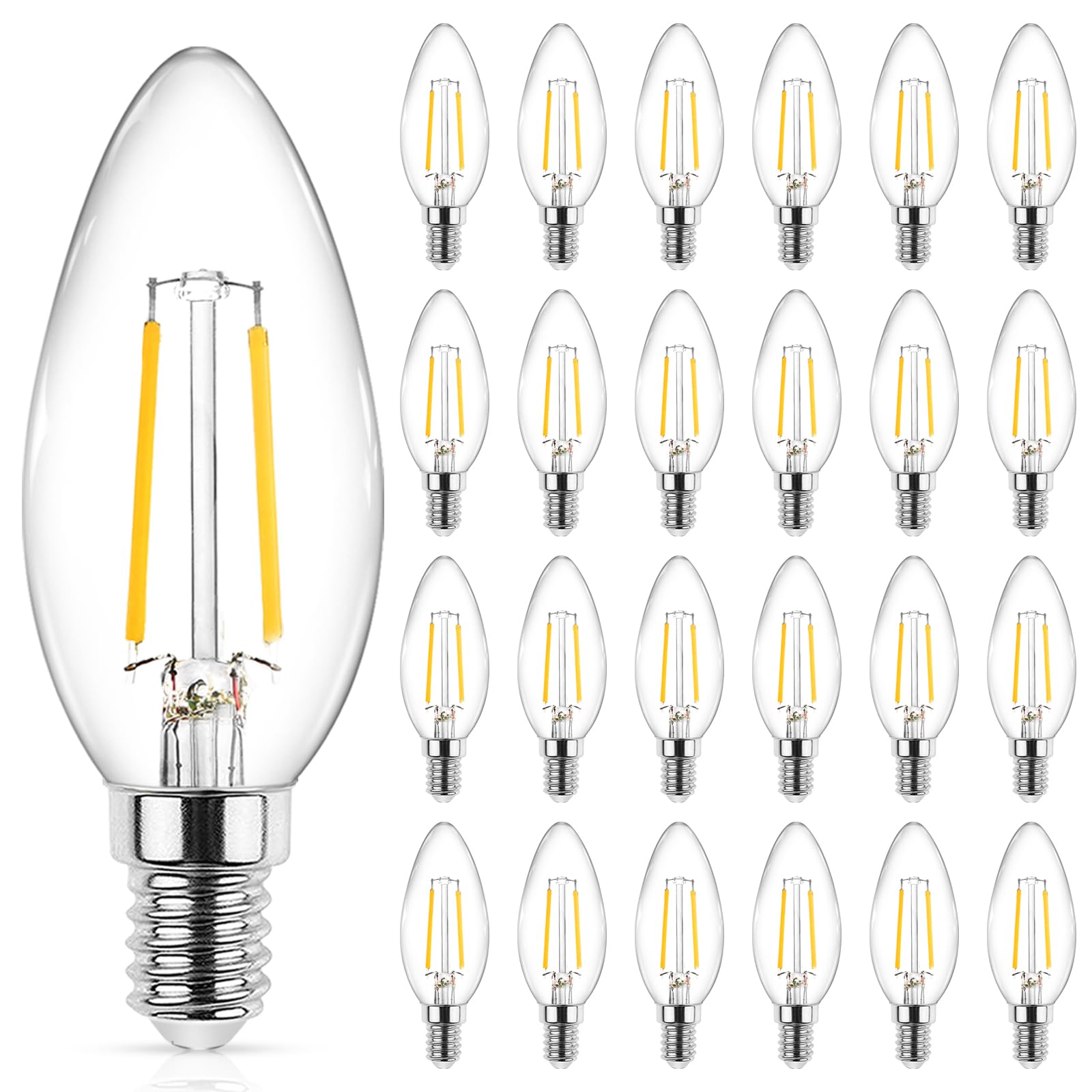 Ascher E12 LED Classic Candelabra Clear Light Bulb  4W  Equivalent 40W  Warm White 2700K  Non-Dimmable  Filament Clear Glass  Pack of 24