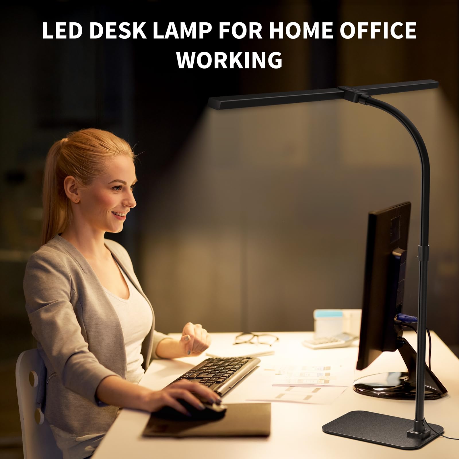 Kaulsoue Desk Lamp Architect Task Dual Head Modern Flexible Gooseneck Tall Dimmable Light For Home Office, 5 Color Modes,Remote