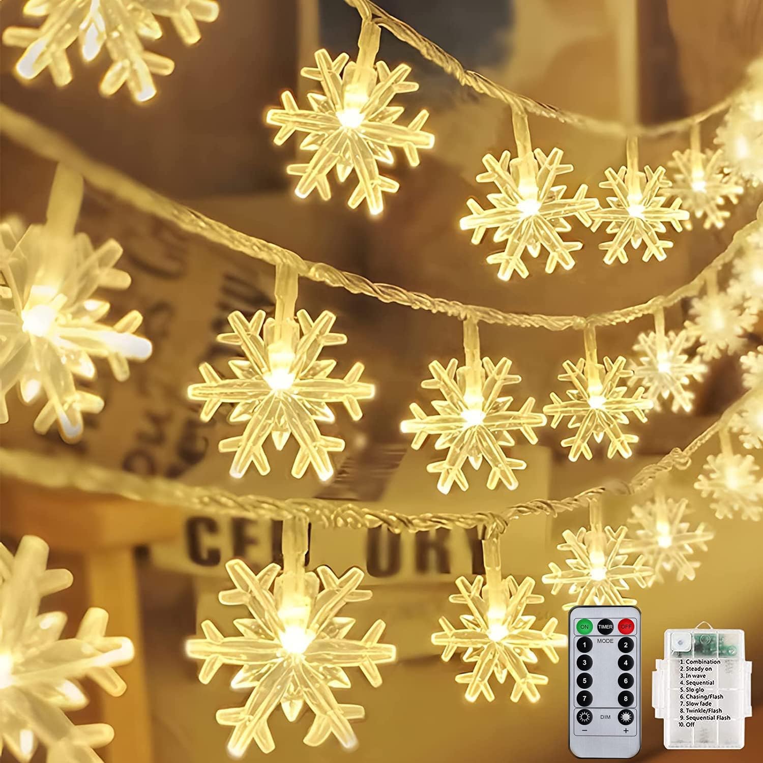 colcutee Christmas Snowflake Lights, 20ft 40LED 8 Modes & Timer Battery Operated Christmas Decorations Lights with Remote Control, Fairy Lights for Indoor Outdoor Holiday Party Decorations