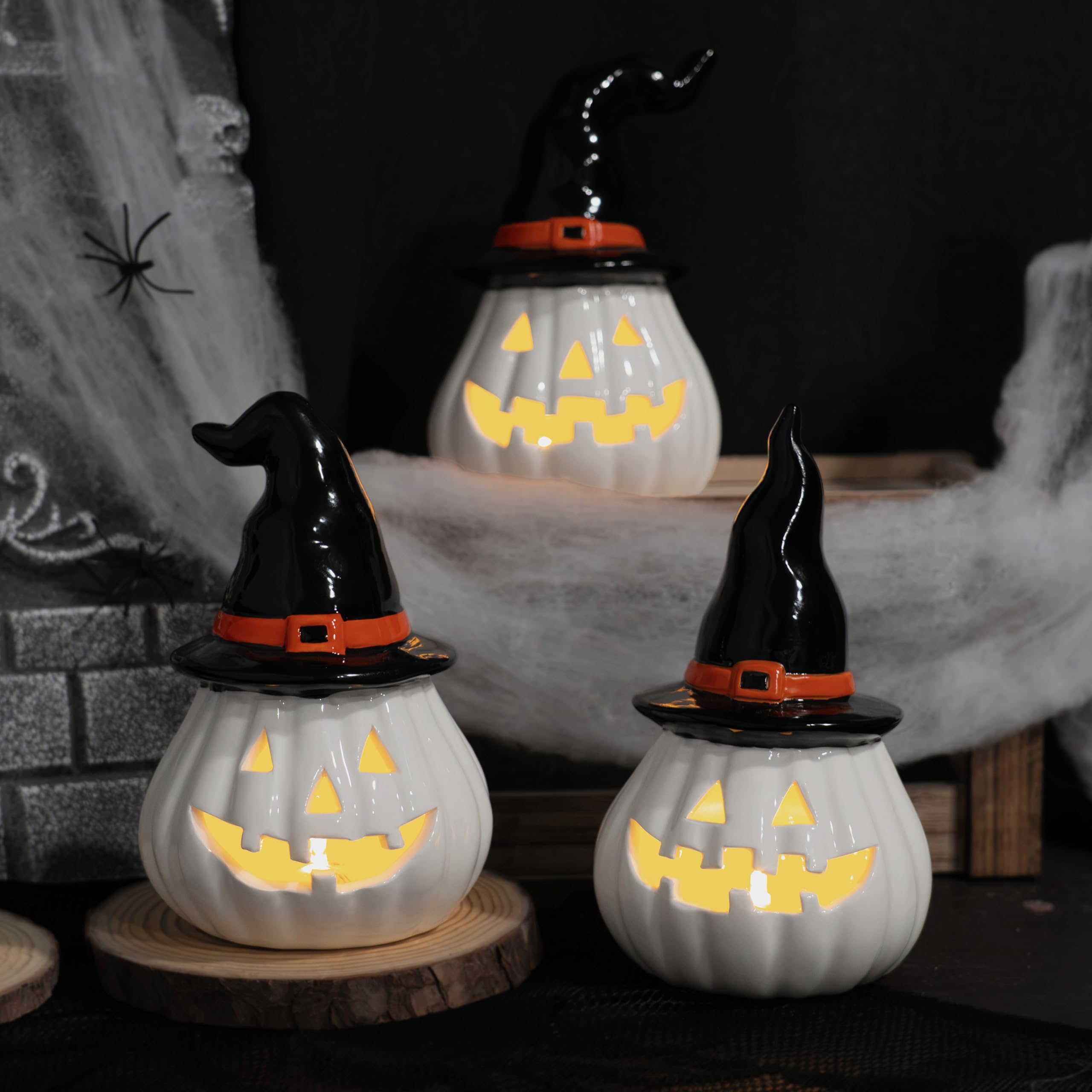 Nerosun 3 Pack Halloween Light Up Pumpkin Decorations  Ceramic Battery Operated Lighted Jack O Lantern Figurines  Spooky Halloween Ornaments For Indoor Home Fireplace Tabletop Centerpieces