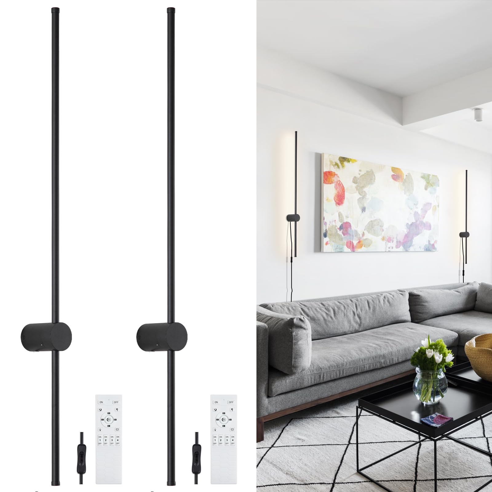 Keluoly Dimmable Plug In Wall Sconce Set Of 2,Black 39.37" Led Wall Light With Remote,Adjustable Color Temperature Brightness,Wall Lamp With Timer For Living Room,Bedroom And Accent Lighting