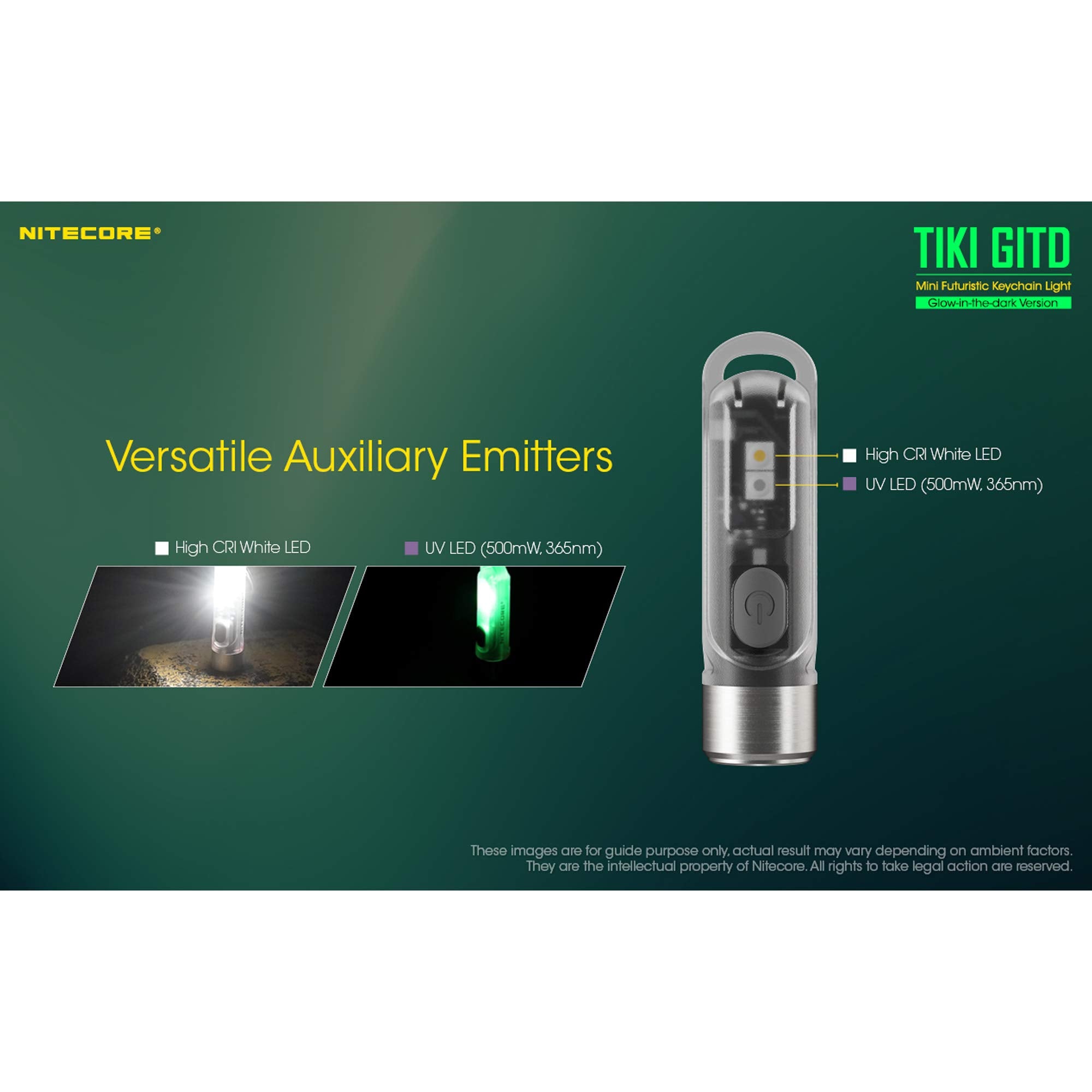 Nitecore Tiki GITD Green Keychain Flashlight - 300 Lumen USB Rechargeable with UV & High CRI Light
