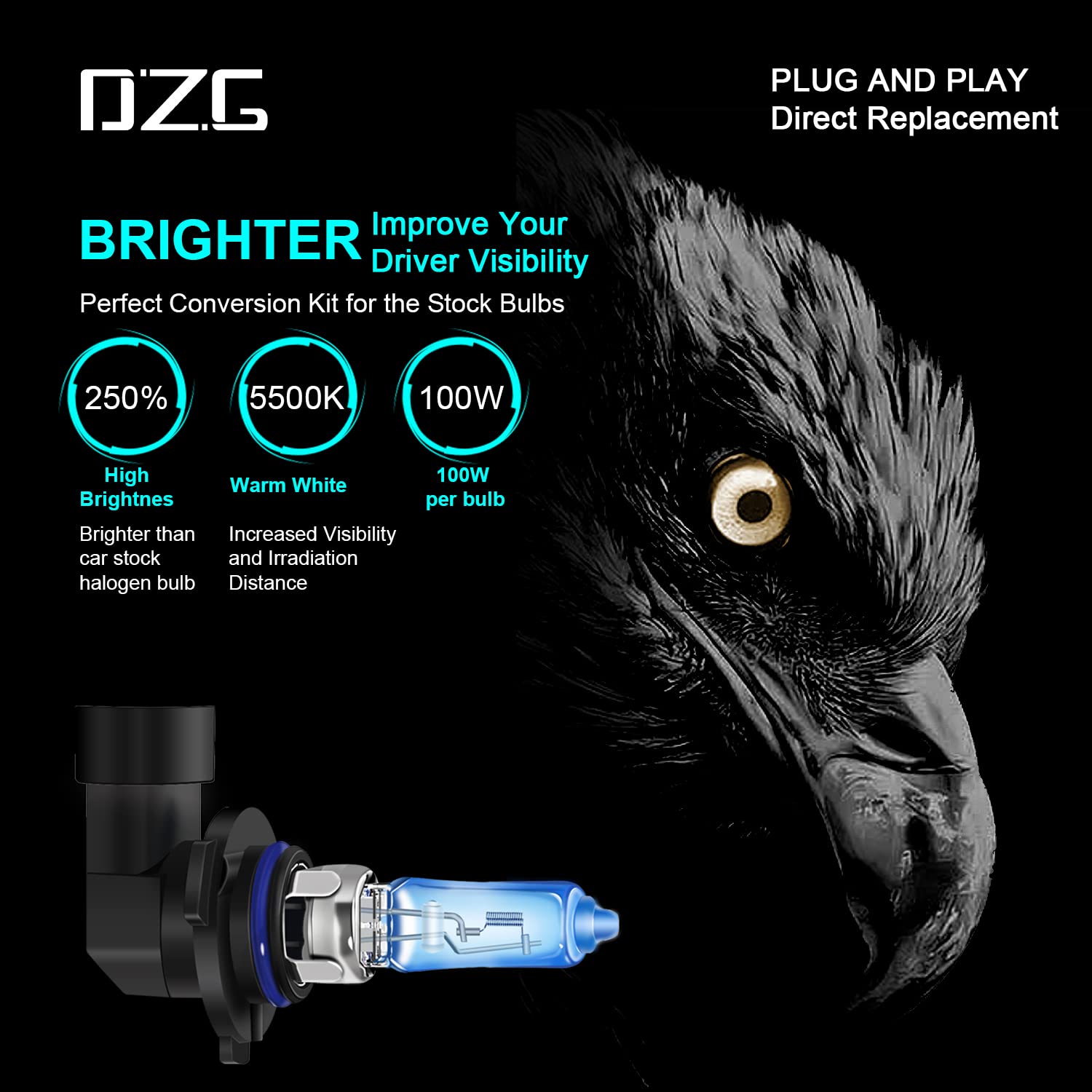 DZG Halogen Headlight Bulbs HB3 9005, 5500K Warm White, 12V 100W, 2 Pack