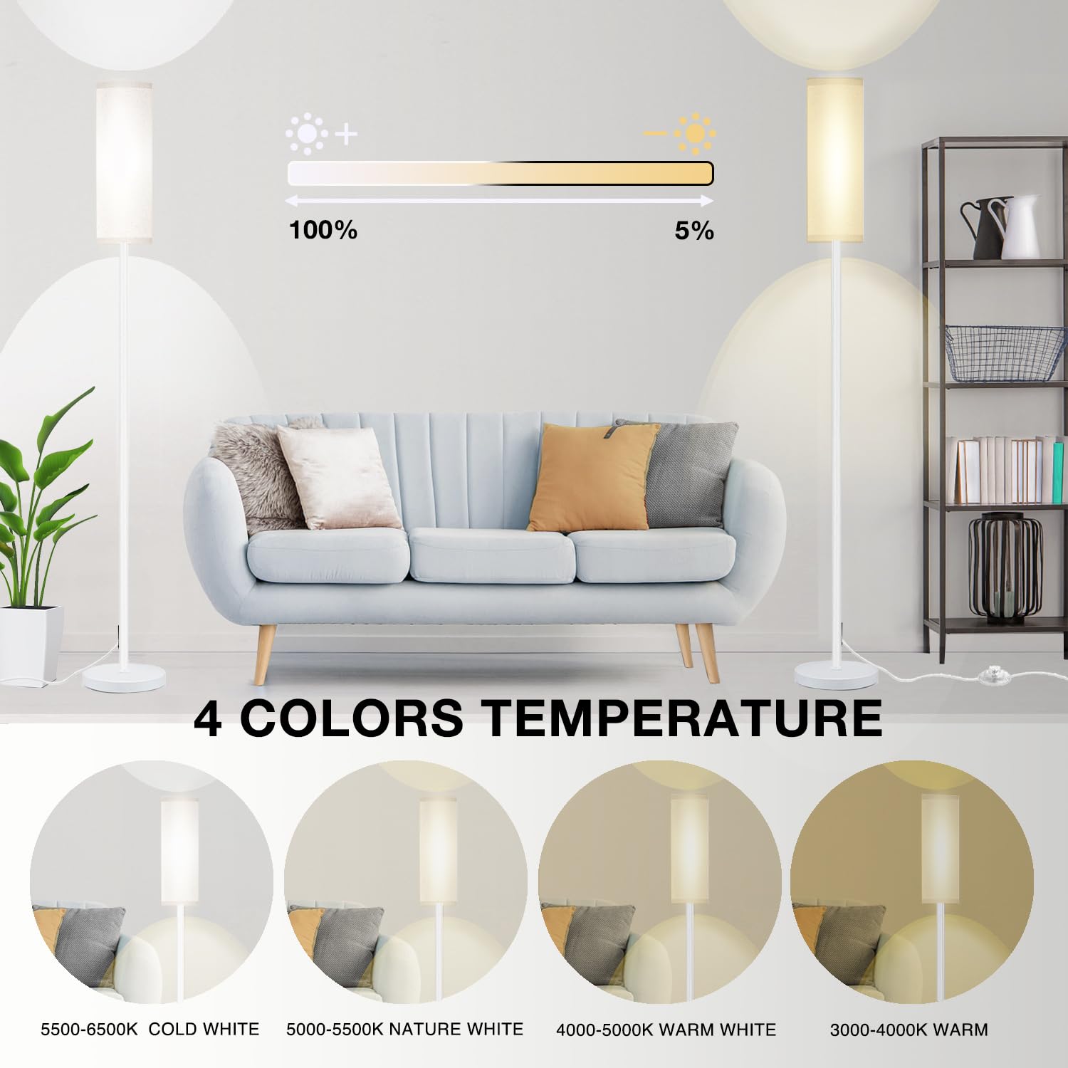 Qaubauyt Smart LED Floor Lamp - APP Control, RGB Colors, Remote, 67in Tall, Dimmable, Matte White, Model JP-RGB