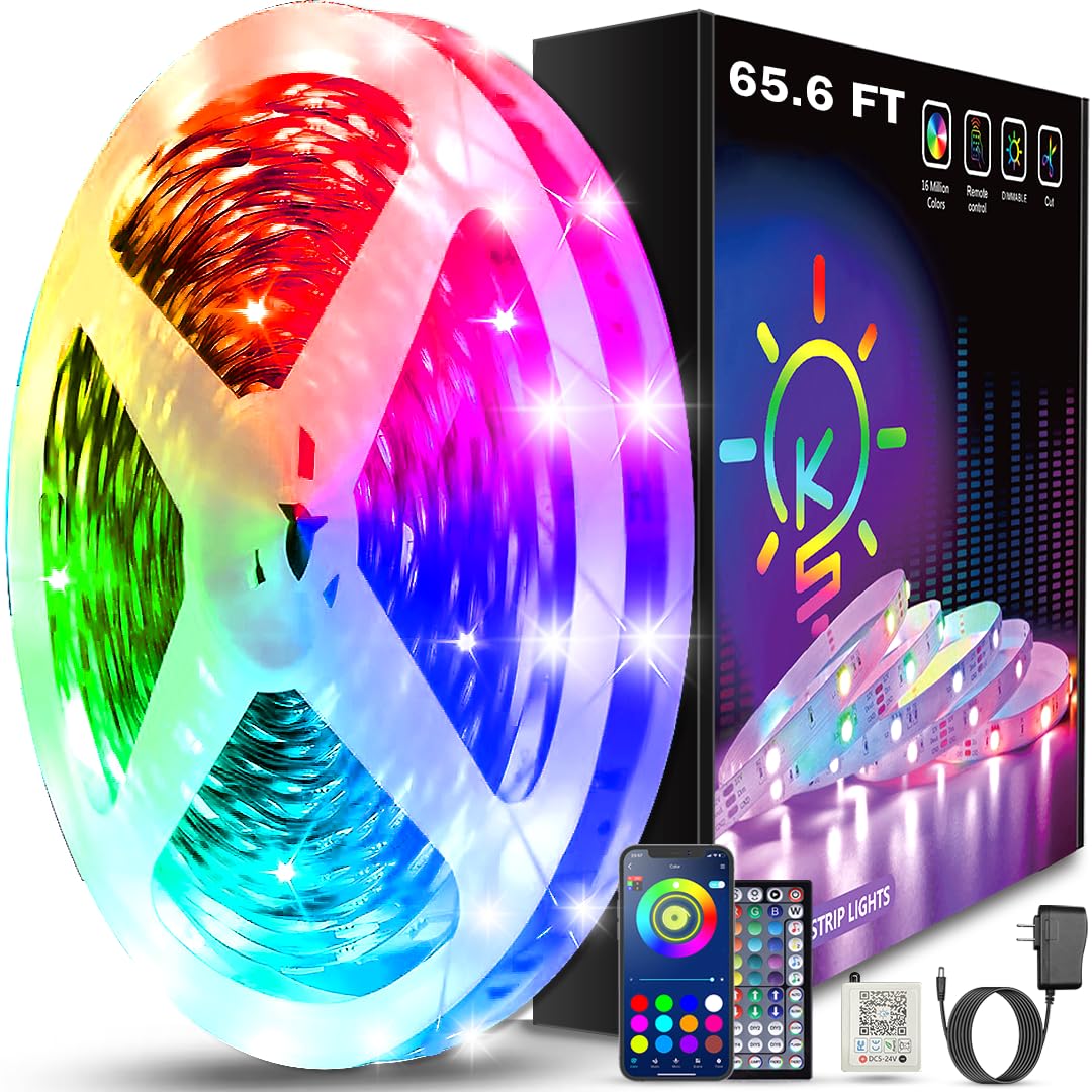 Keepsmile LED Light Strips, 65.6ft RGB Color Changing, APP Control, Music Sync, with Remote for Home Decoration