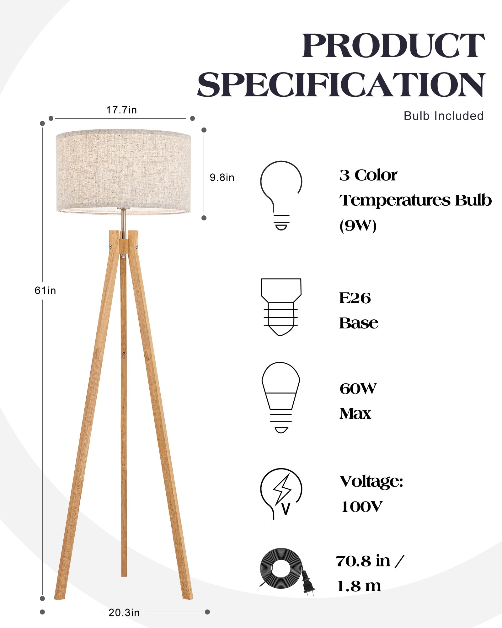 ELYONA Nordic Wood Tripod Floor Lamp - Modern Reading Light with 3 Color Temperatures, Natural Wood, Model UF1103-NAT