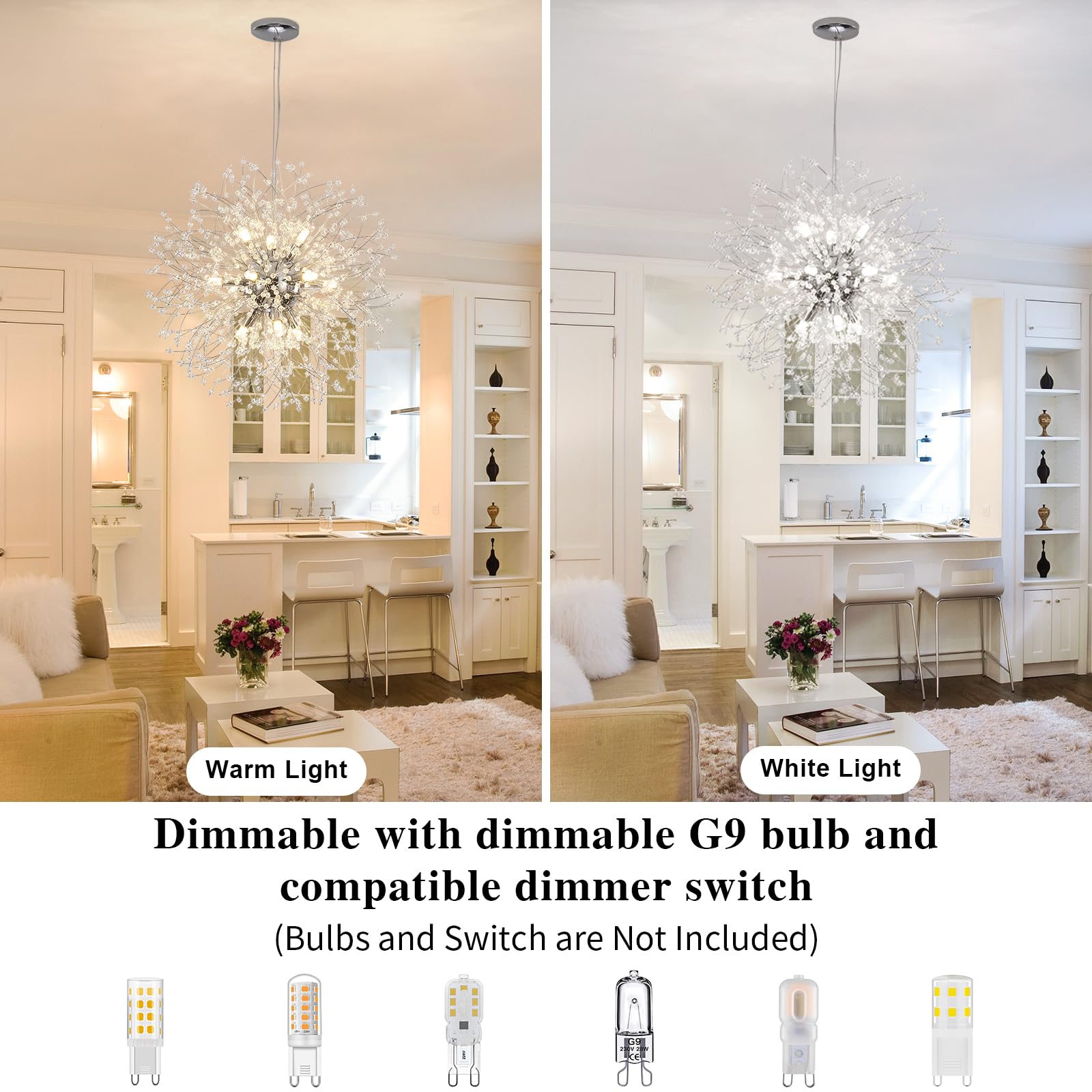 Meijia Modern Crystal Chandelier 12 Lights, 23.6    Dandelion Sputnik Chandeliers Light Fixture Starburst Chrome Chandelier Pend