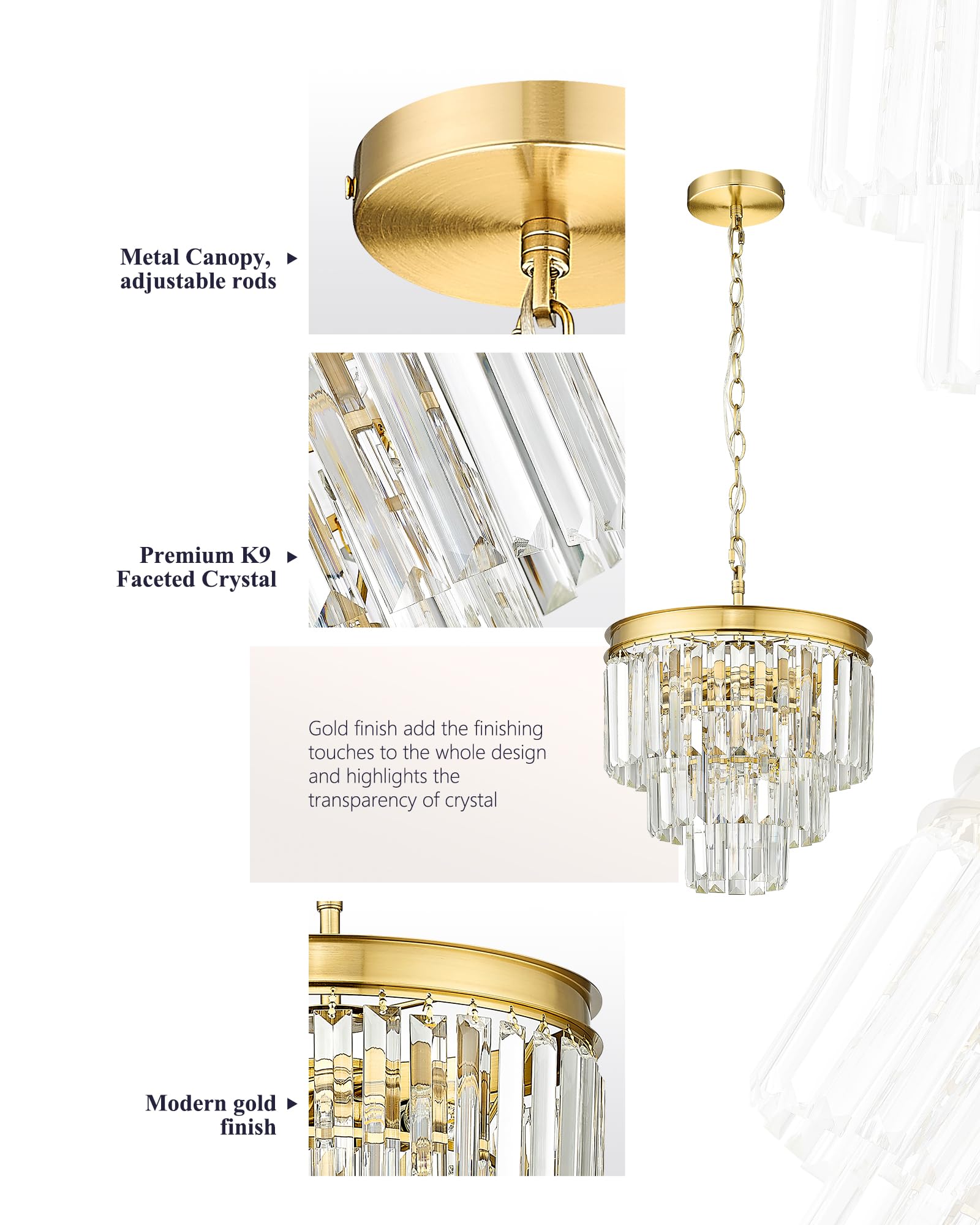 3 Tier Gold Crystal Chandeliers, 12 Inch Modern Chandelier Light Fixture, Pendant Lighting Fixtures For Kitchen Island, Vintage