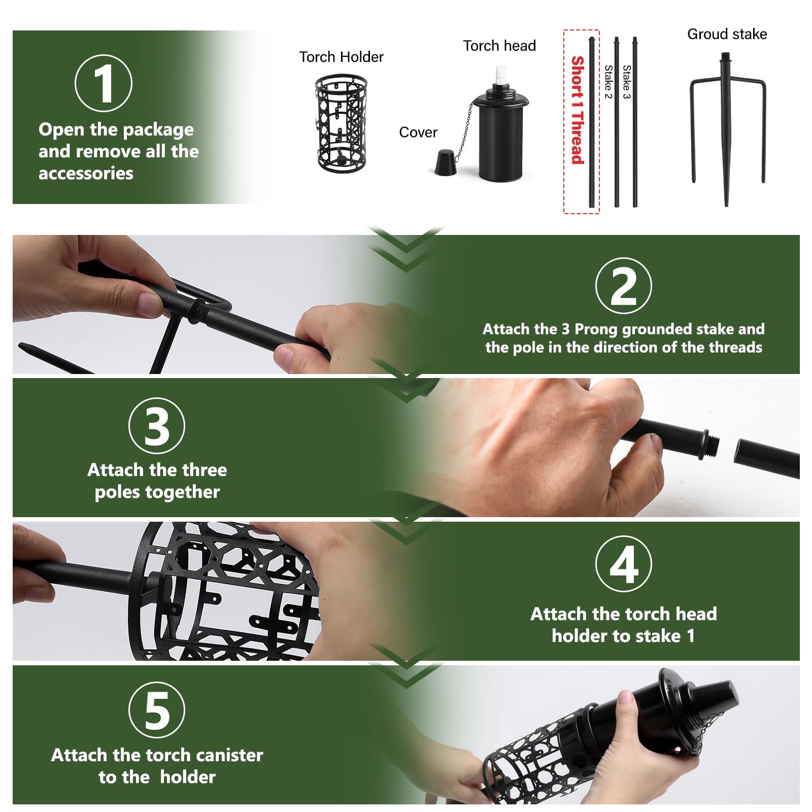 Fan-Torches 6-Pack Black Citronella Torches, 59-Inch Outdoor Garden Décor With 3-Prong