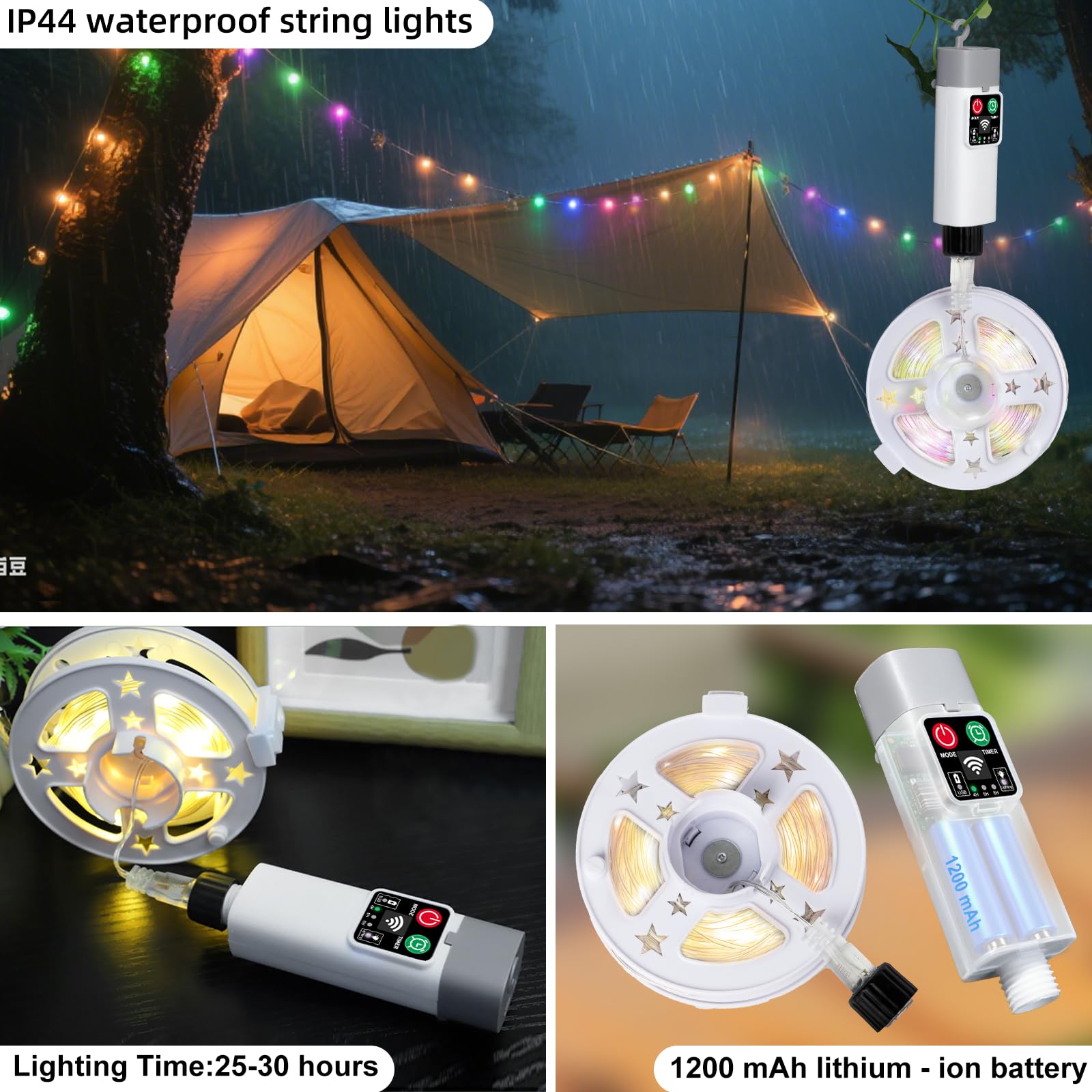 Moobibear Camping String Lights, Quick Storage, 33FT/100LED RGB Rechargeable Tent Lights String with USB 8 Lighting Modes, Hangi