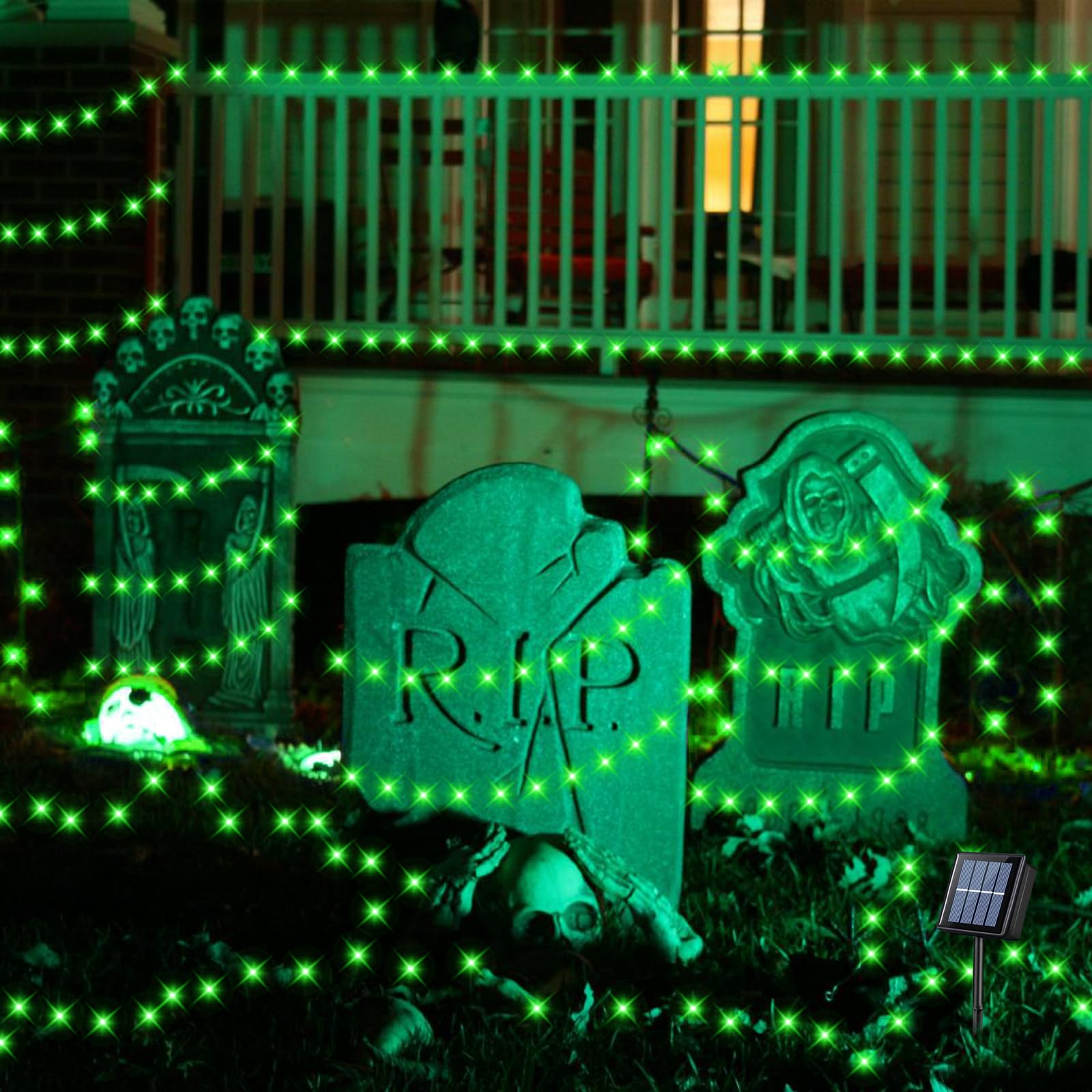 Yeguo Green Halloween Lights Outdoor Waterproof,4 Pack Each 33Ft 100 Led Solar Fairy Lights, 8 Modes String Light For Outside