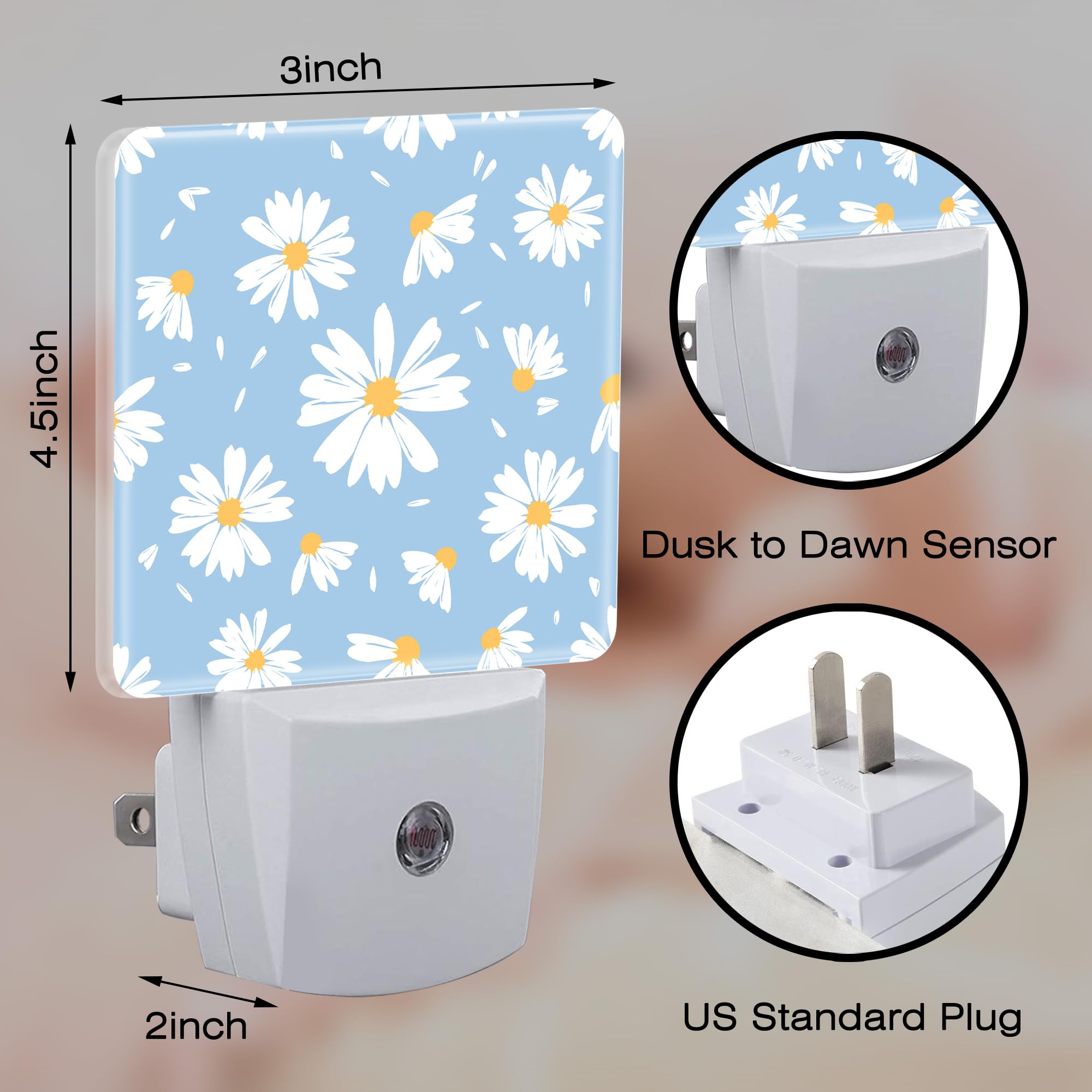 Watercolor White Daisies Flowers Night Light For Kids,Abstract Floral Flying Petals Night Light Plug In With Dusk To Dawn Sensor