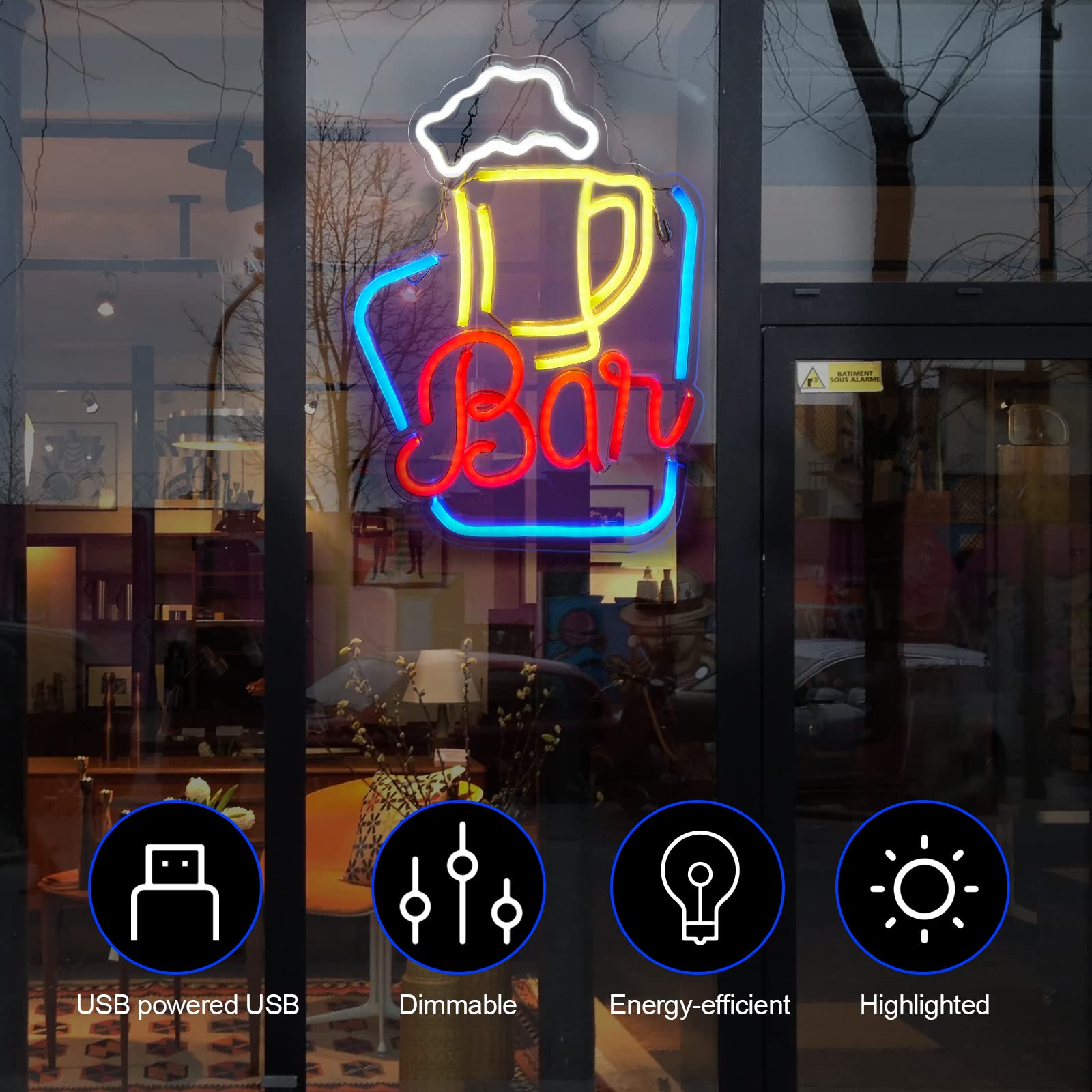 FITNATE Neon Bar Sign - Adjustable Brightness LED Light, USB Powered, Acrylic Wall Decor, Blue
