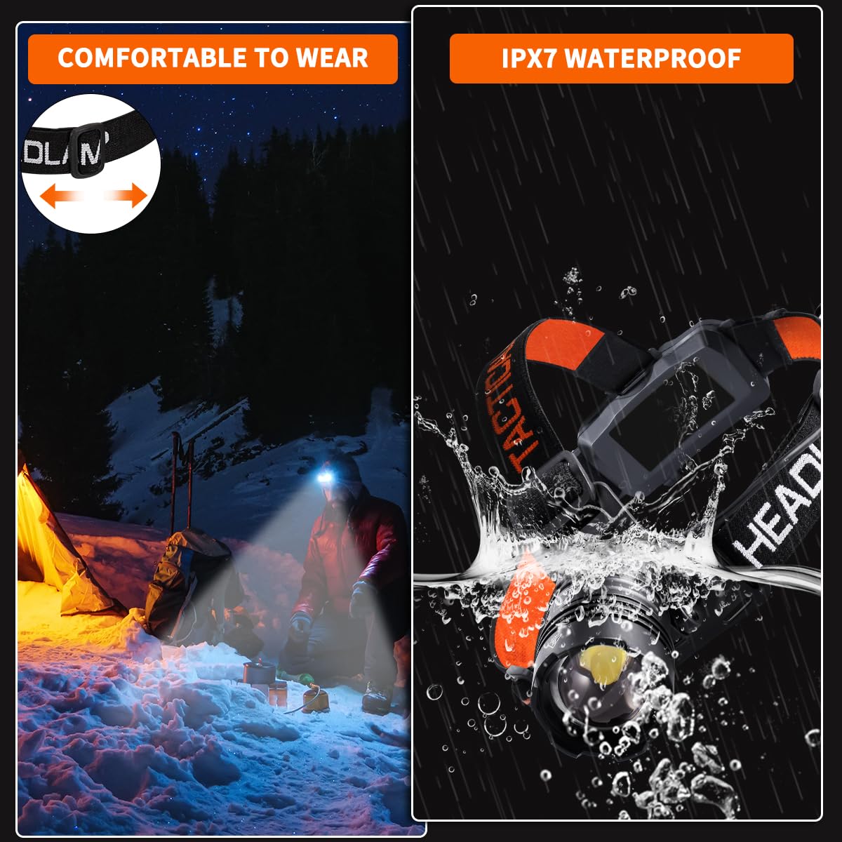 Headlamp Rechargeable 2Pack, 150000LM Bright Head Lamp, Adjustable Focus Headlight Outdoor, 4Mode Head Lights for Forehead, 90 L