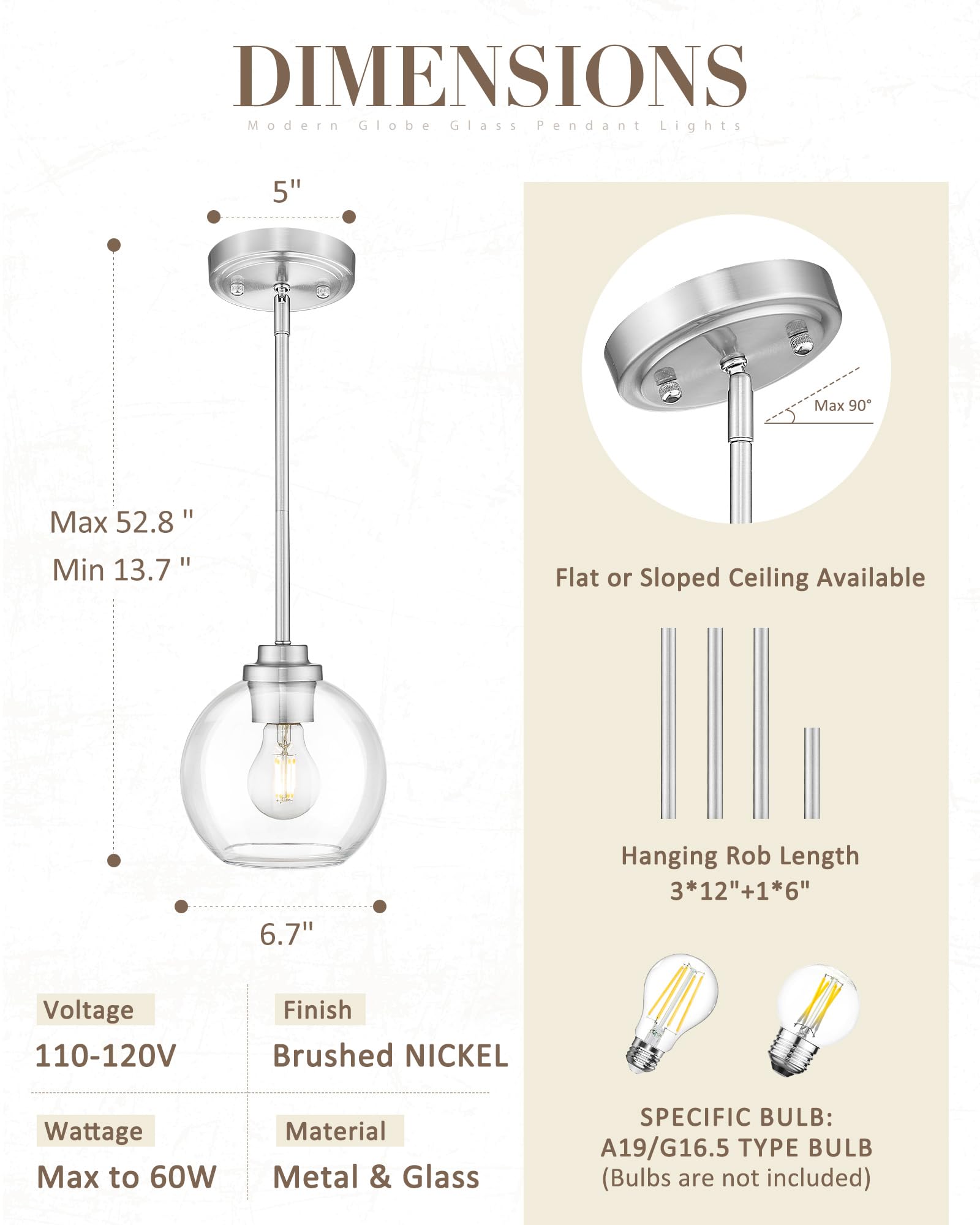 Jazava Globe Pendant Light Fixture, Modern Brushed Nickel Hanging Light With Clear Glass For Kitchen Island Dining Room Bedroom