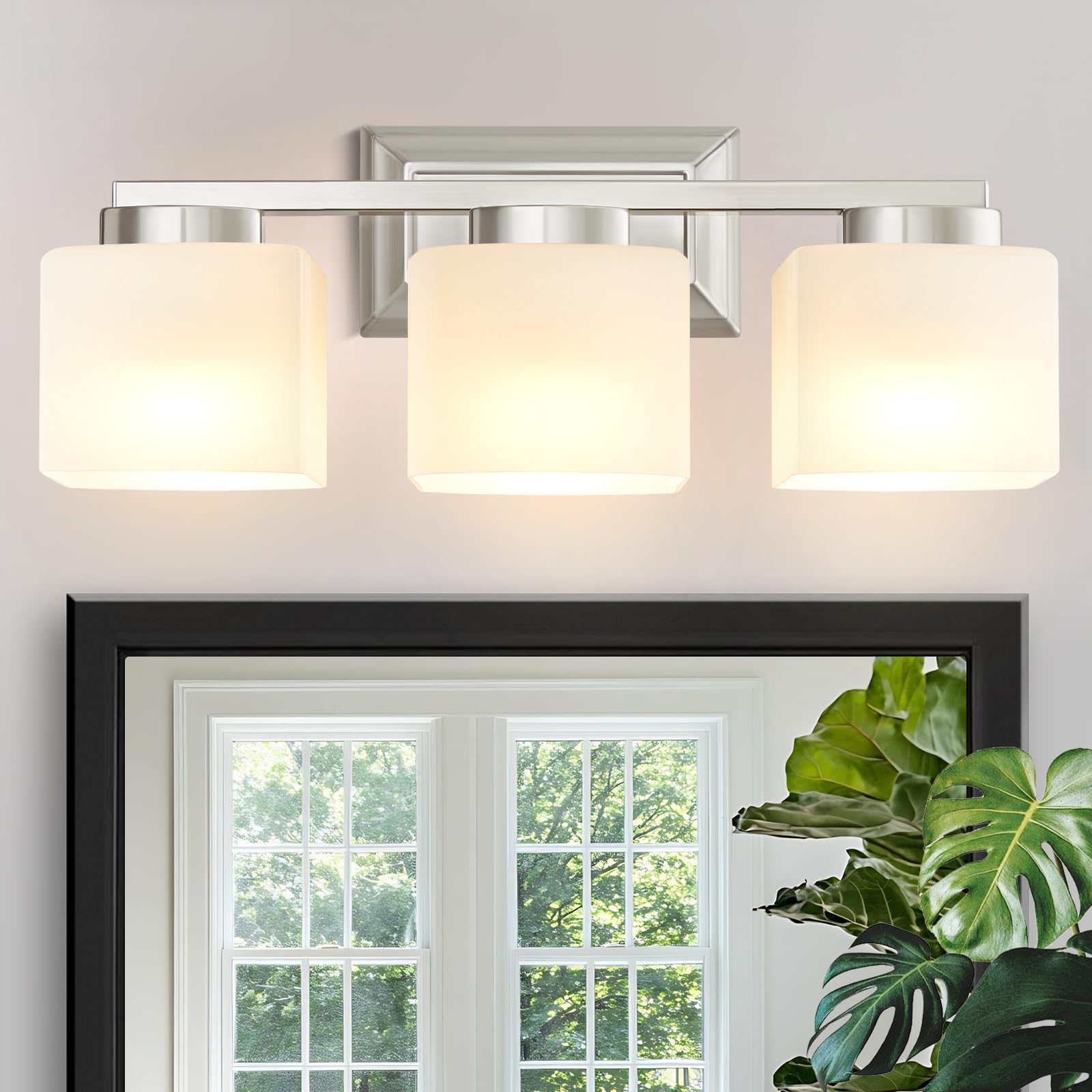 Ejiaxin 3-Light Bathroom Light Fixtures - Brushed Nickel Bathroom Vanity Lights With Glass Shade Modern Bathroom Lighting Fixtures Over Mirror - Wall Sconce Lamps For Bedroom Living Room Hallway