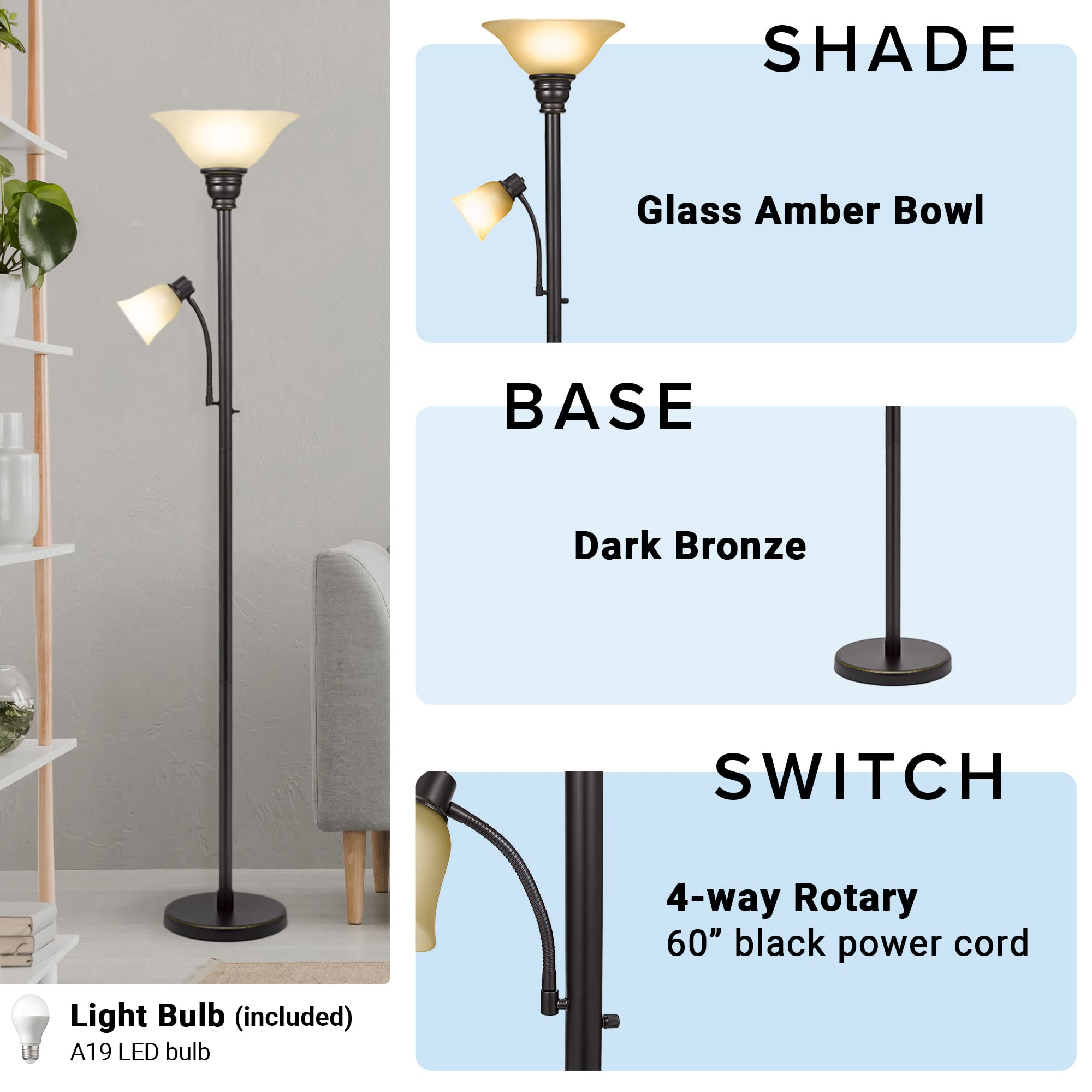 Catalina Lighting 18223-002 71 Transitional Uplight Floor Lamp, Dark Bronze with Reading Light, Ideal for Living Room, LED Bulb Not Included