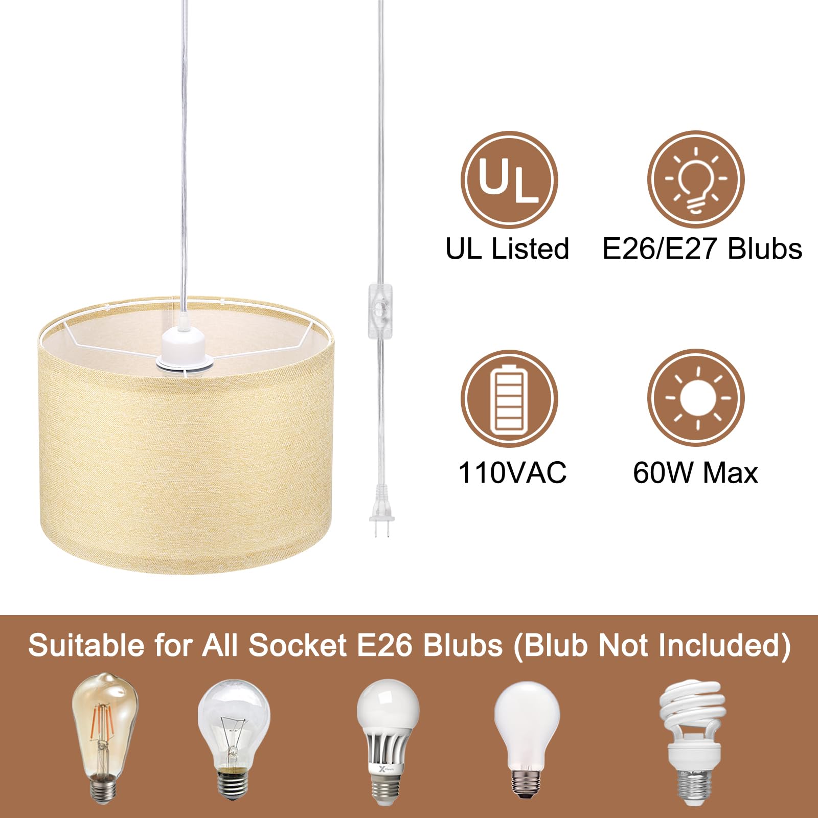 Patikil Plug In Pendant Light, 15Ft Rope Cord Hanging Lamp Fixture With On/Off Switch, Linen Fabric Shade E26/E27 Bulb Socket Fo
