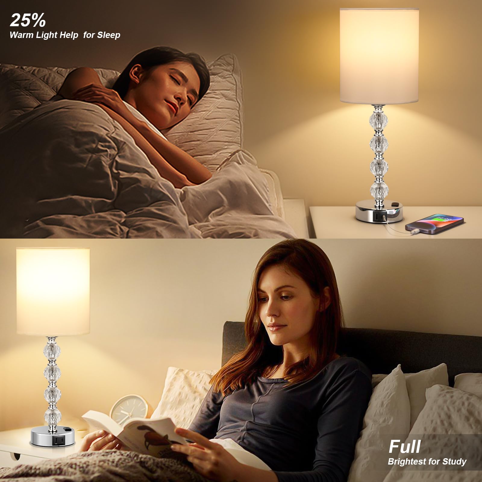 Acaxin Touch Bedside Crystal Lamp, 18in, 3-Way Dimmable, USB C+A Port, AC Outlet, White, Model ACA-TL-Mini4-White-L