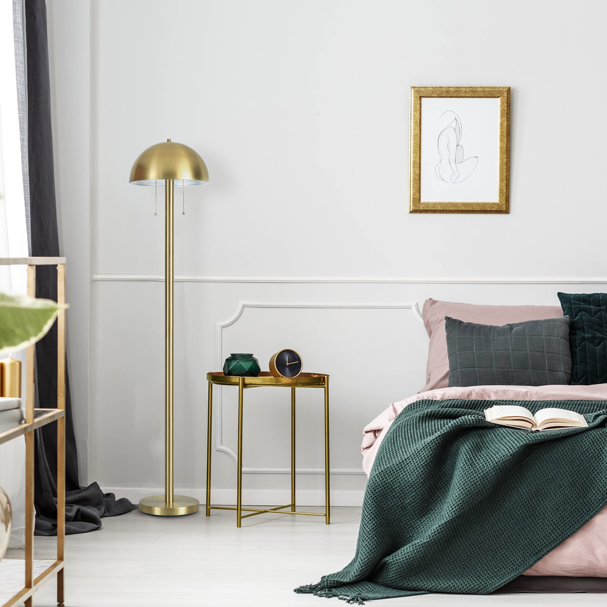 Globe Electric 65786 Haydel 60'' 2-Light Floor Lamp, Matte Brass, Double On/Off Pull Chain, Bulb Not Included