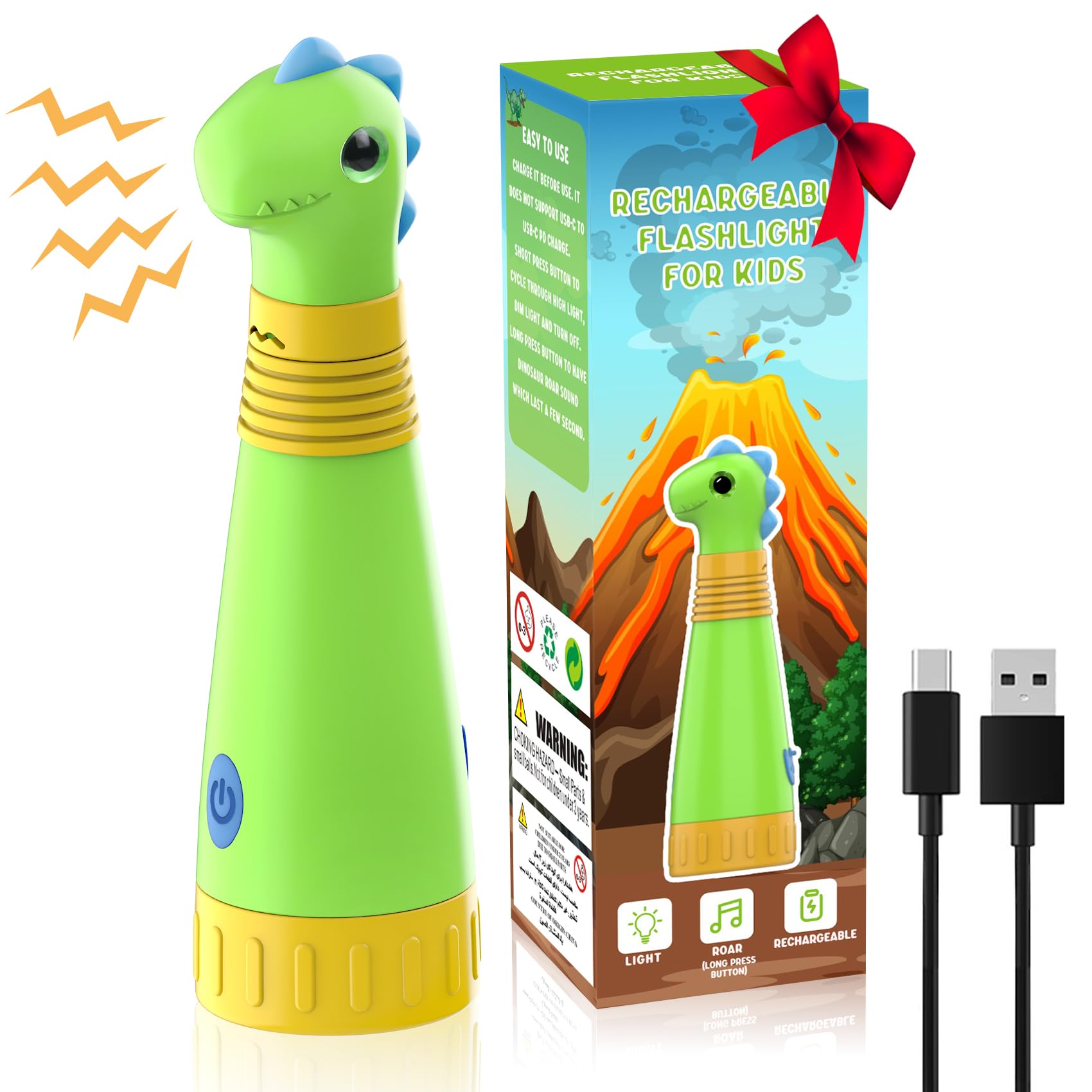 AUKSKY Rechargeable Dinosaur Flashlight with Roar for Kids, Kids Flashlight Camping Gear Toddler Handheld Flashlight for Kids, H
