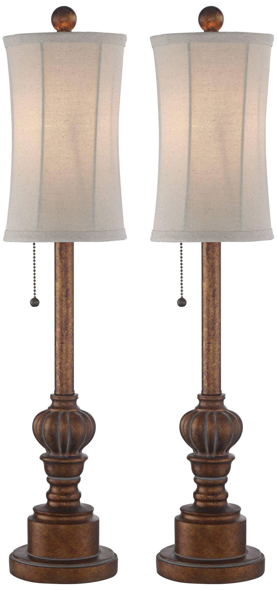 Regency Hill Buffet Table Lamps Set of 2, 28in Tall, Dark Brown Wood Tone with Fabric Drum Shades