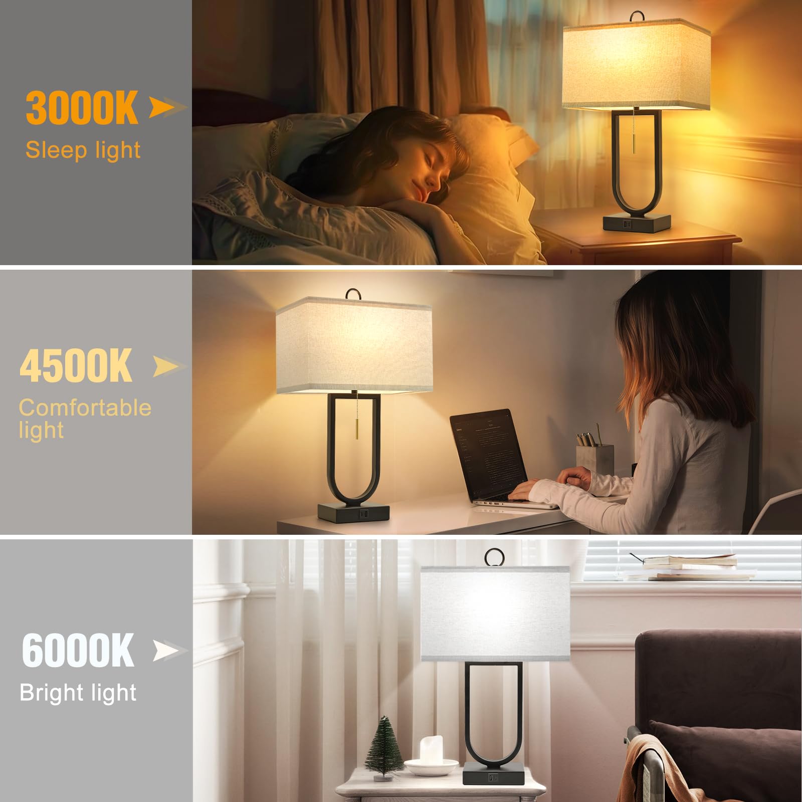 Luvkczc 24'' Table Lamps Set Of 2 With Usb C+A Ports, 3-Way Dimmable Tall Modern Lamps For Night Stands, Contemporary Lamp For Living Room Home Office, Pull Chain Switch&2 Led Bulbs Included