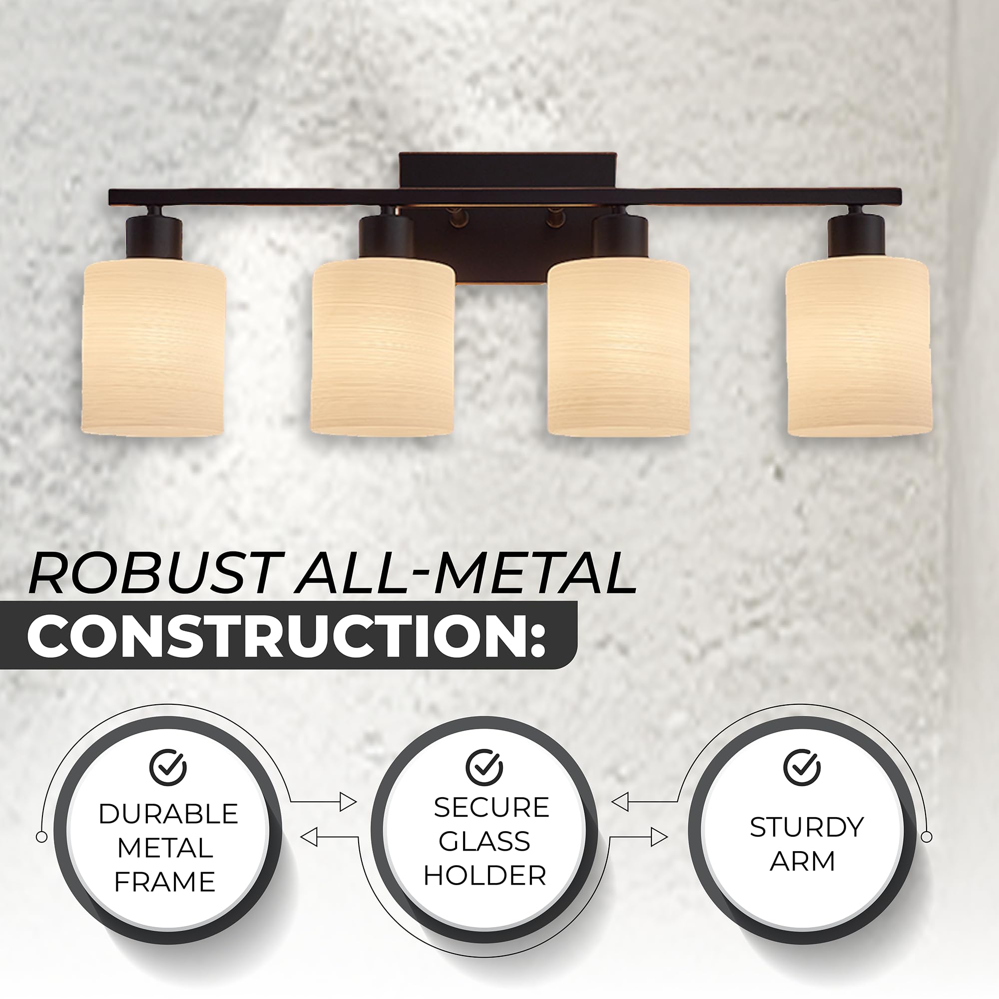 The Door Bull Modern Bathroom Vanity Light, 4 Lights, Oil-Rubbed Bronze, Stainless Steel, Model VNT-1000, Milky White Glass Shades