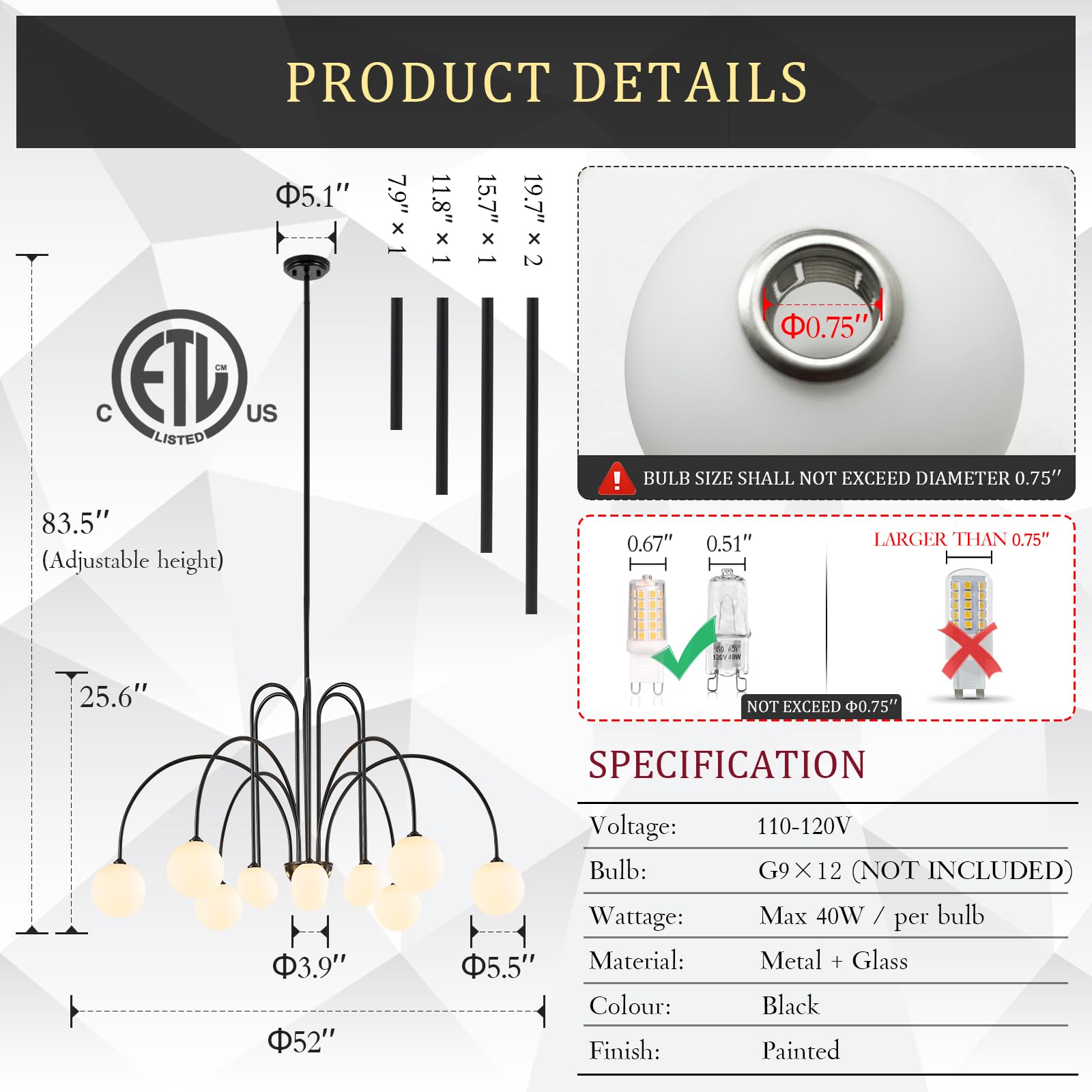 CATINER Black Sputnik Chandelier, 12 Lights, Modern Design, Milk Glass Shades, 52” for High Ceilings, Model P93-12B1