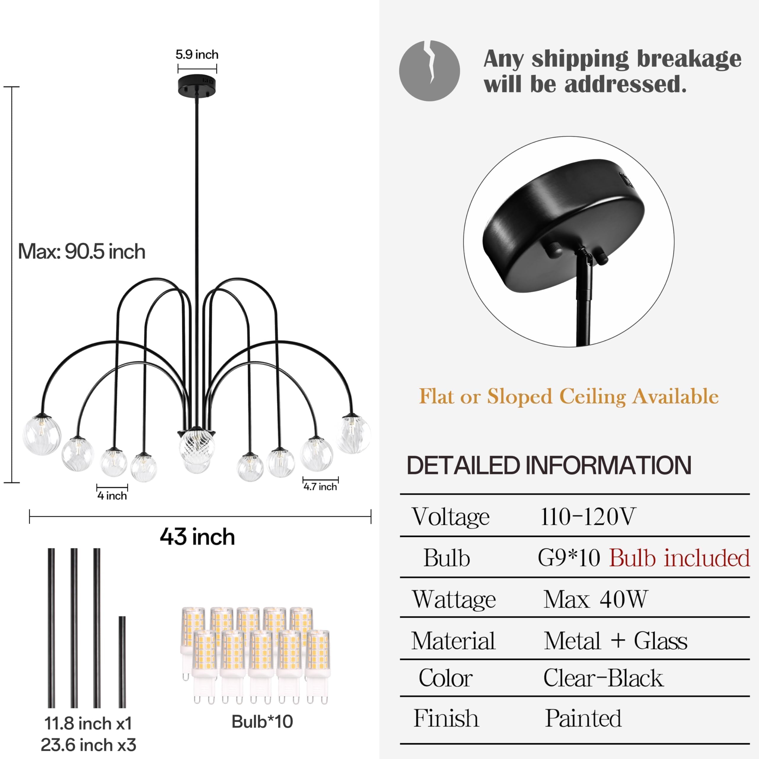 Bagood Black Sputnik Chandelier 10-Light Globe Light Fixture 43    Mid Century Modern Light Fixture Dimmable Chandelier With Cle