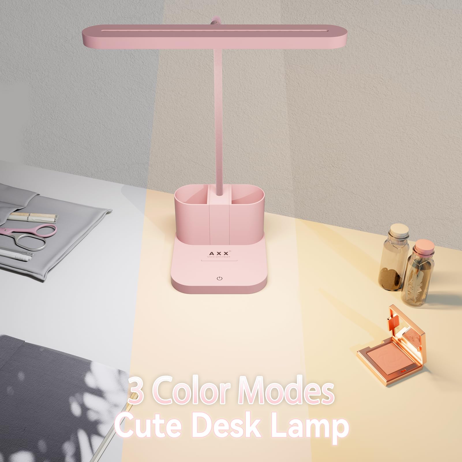 Axx Pink Desk Lamp For Home Office, Cute Table Lights For Bedrooms, Kawaii, Dimmable Led, Flexible Gooseneck, Pen Holder, Touch