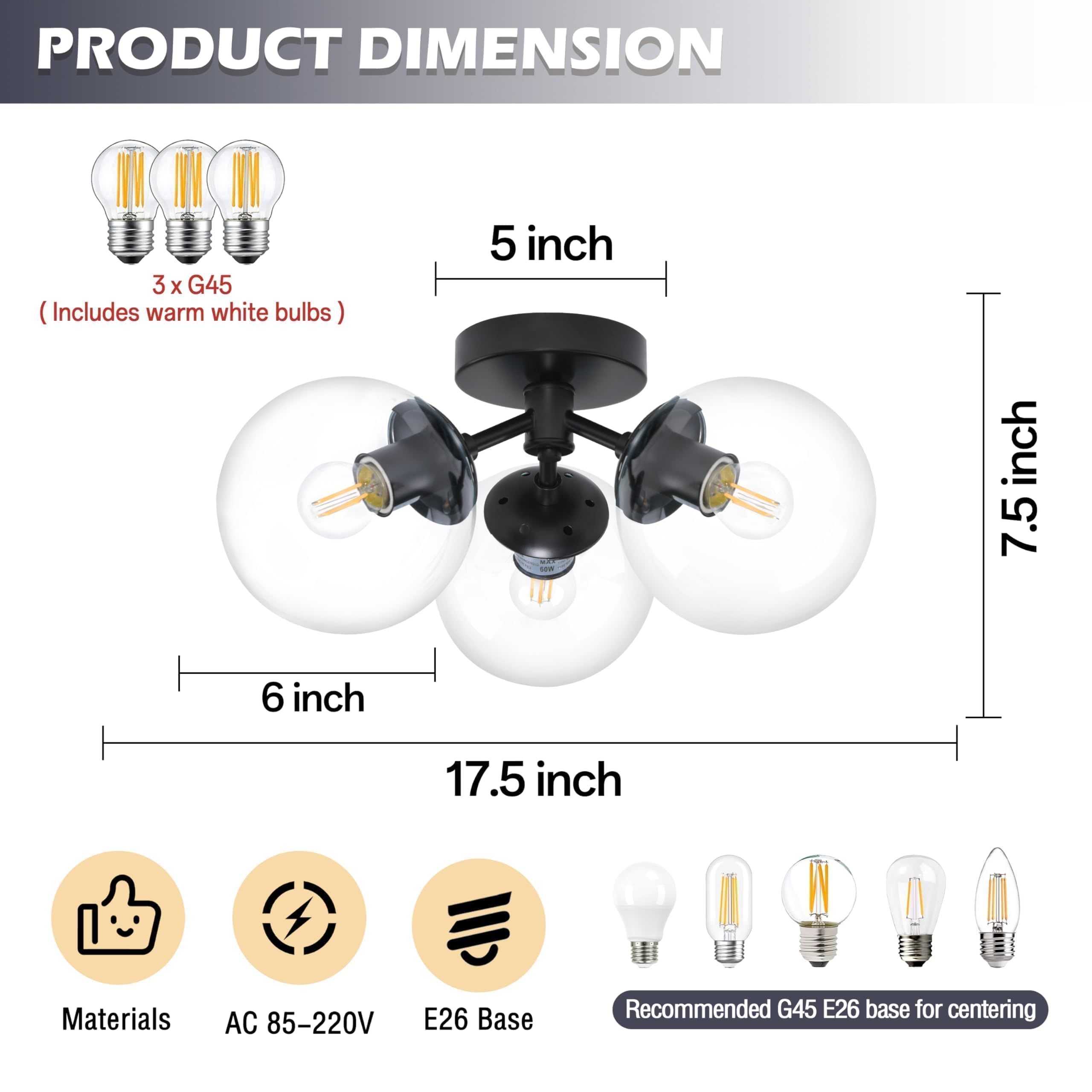 Bagood 3-Light Modern Black Semi Flush Mount Ceiling Light Clear Glass Globe Ceiling Lights Mid Century Black Chandelier 3 Light