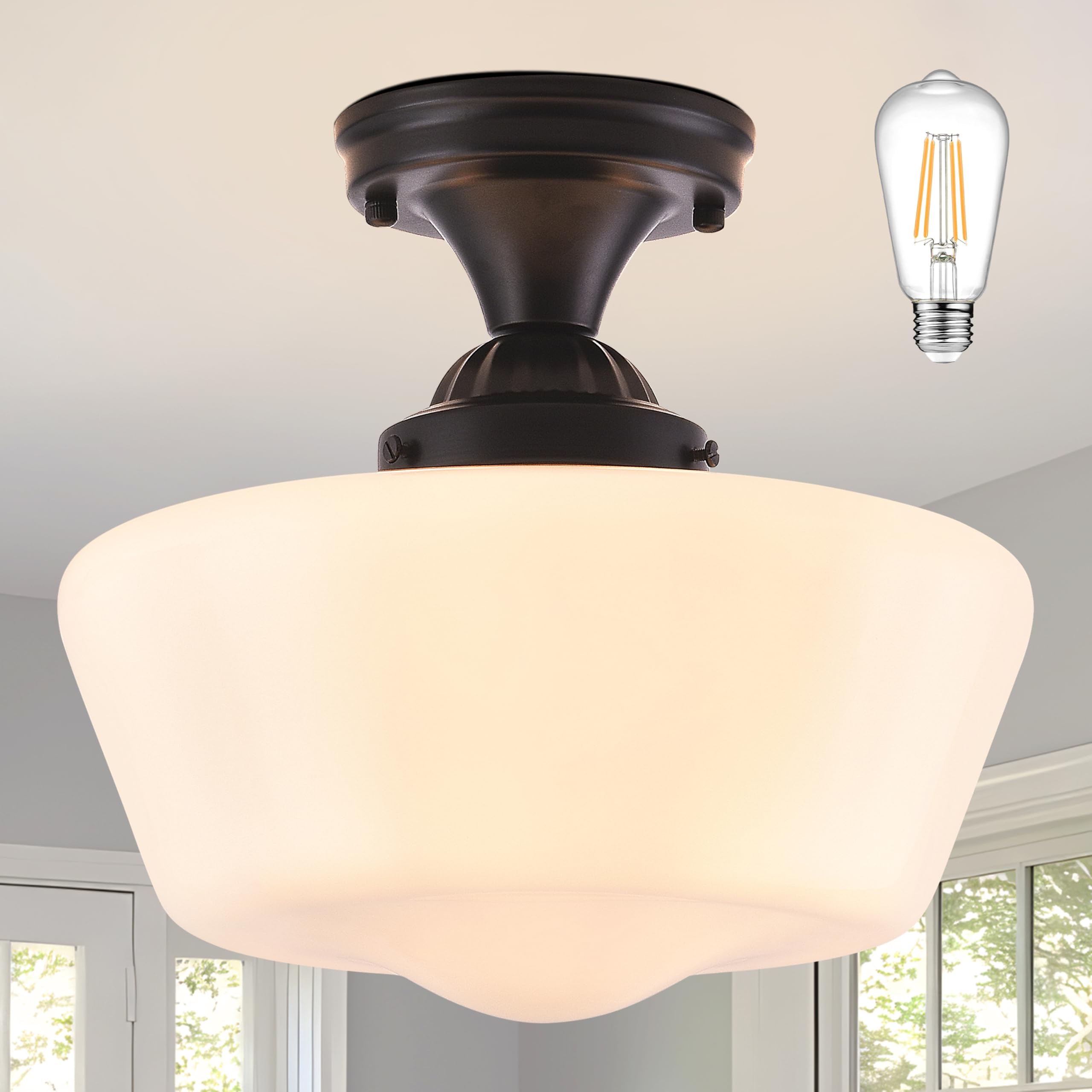 Ayshwilldec 12'' Mid Century Black Semi Flush Mount Light Fixture With Milk Glass, Led Bulb