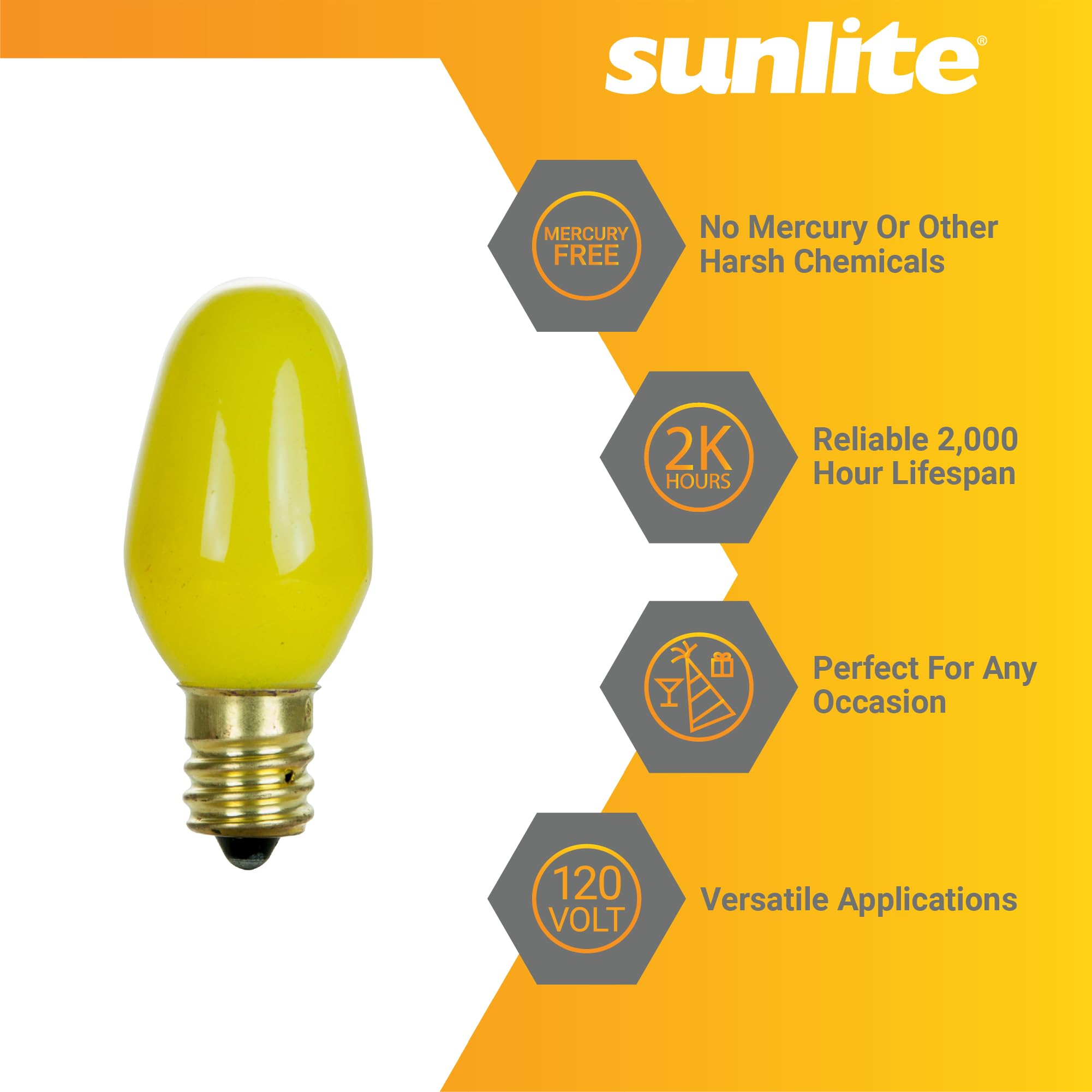 Sunlite 01061 7C7 Incandescent Bulb, 7 Watt, Candelabra E12 Base, C7 Small Night Light, Colored Bulb, Yellow, 12 Count