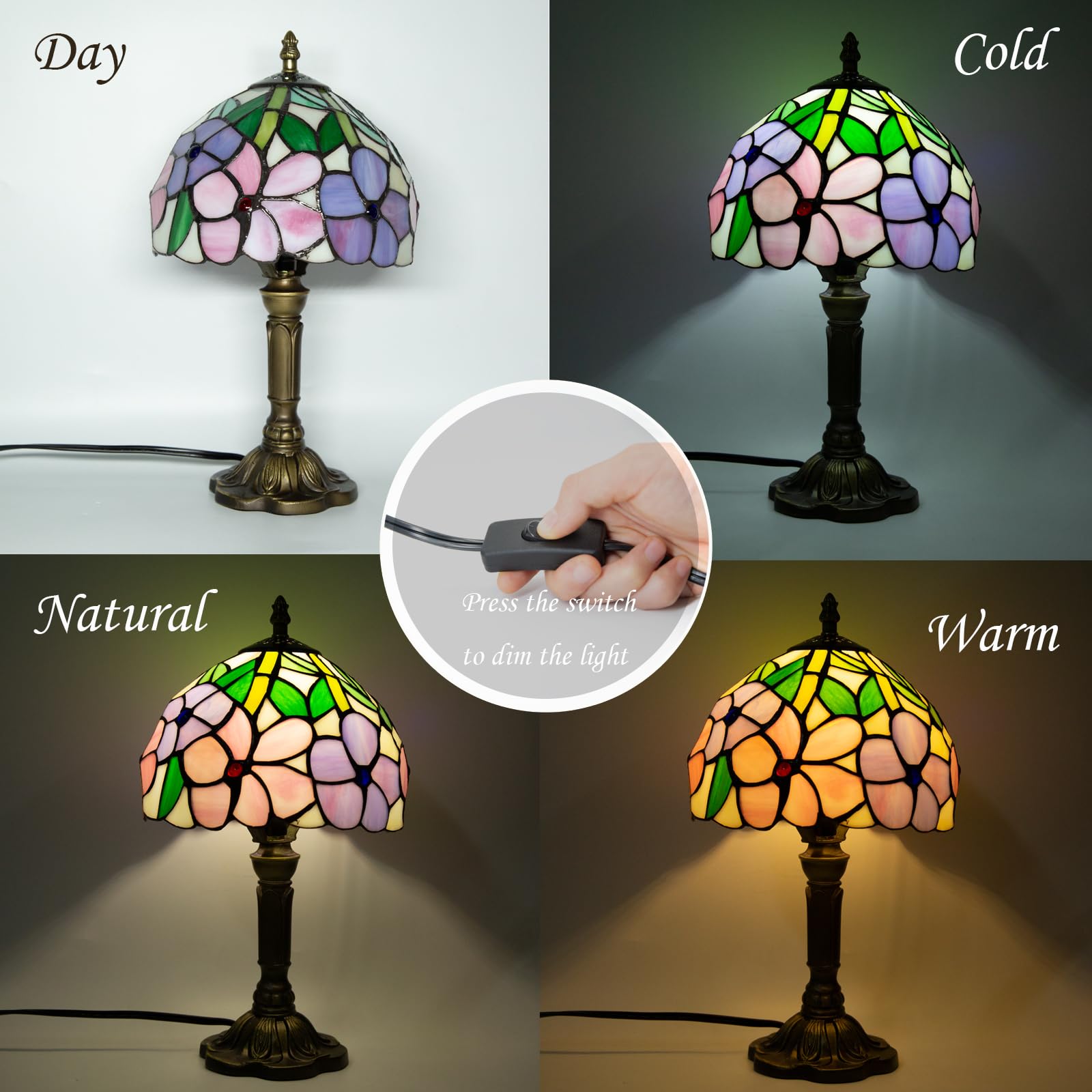Ppbmocw Stained Glass Lamp,8X14 Inches Small Tiffany Lamp,Four Flowers Style Art Deco Lamp For Bedside,Antique Office,Living Roo