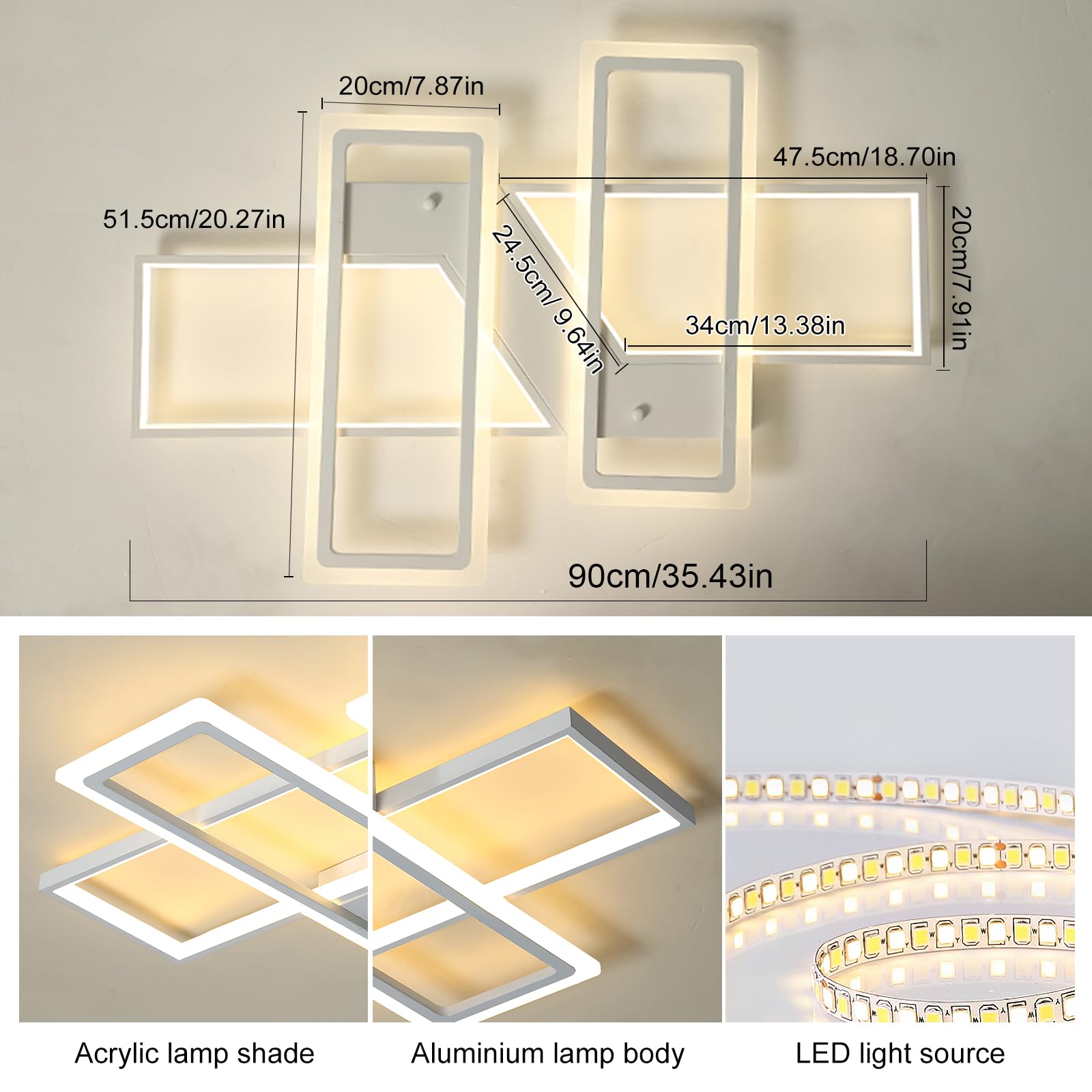 Jaycomey Dimmable Ceiling Light,4 Squares Modern Led Ceiling Lamps With Remote Control,80W Acrylic Flush Mount Ceiling Light Fix