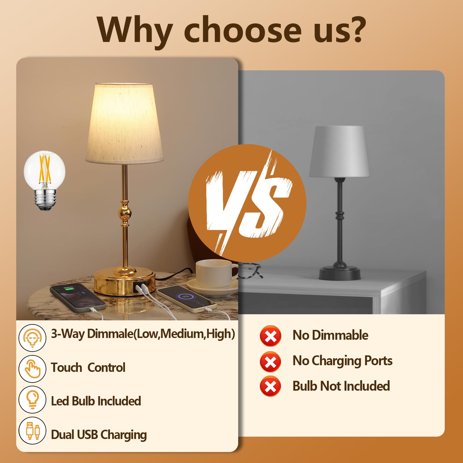 Meixisue Bedside Table Lamp For Bedroom With 2 Usb Charging Ports Minimalist Modern Small Gold Nightstand Lamp 3-Way Dimmable To