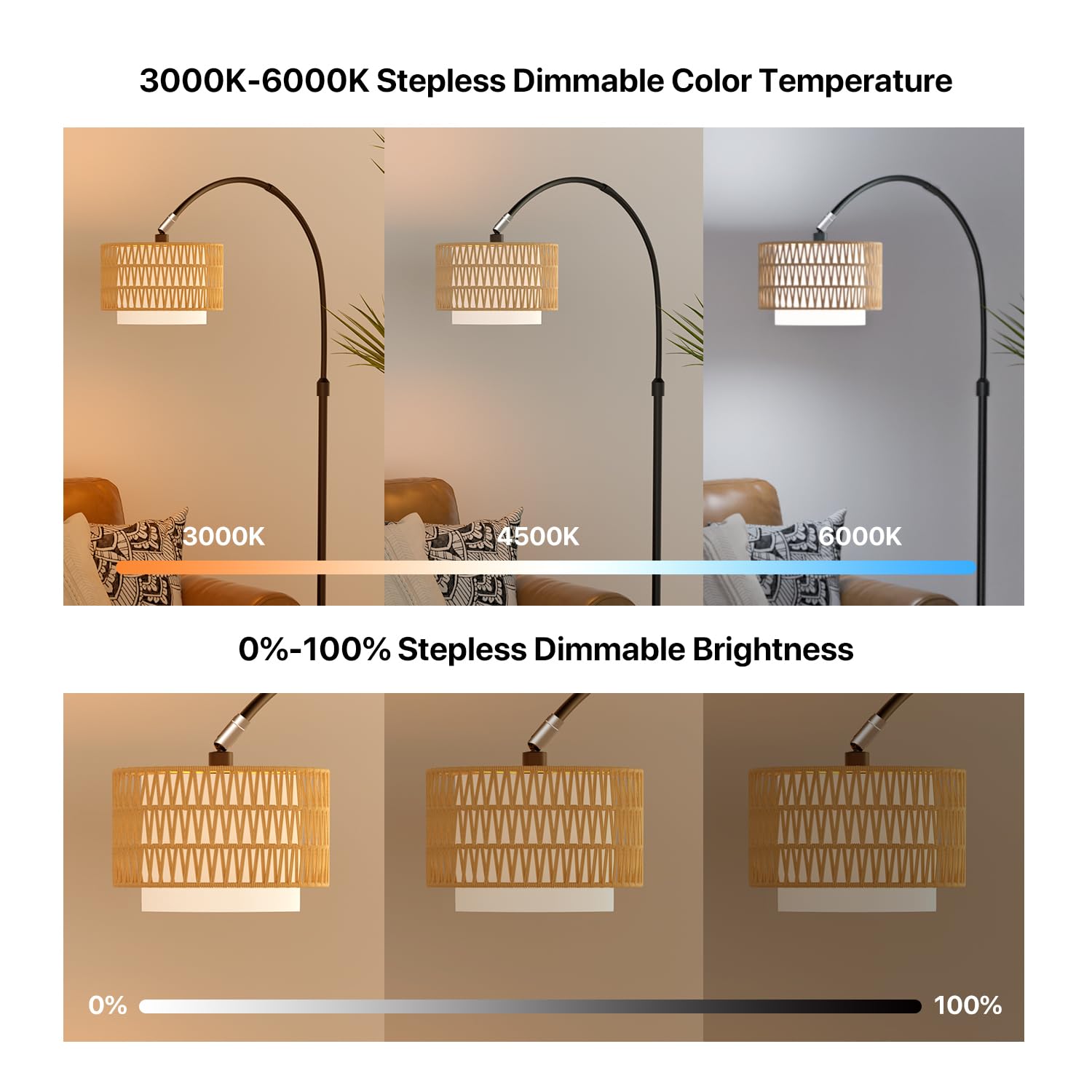 Lumenfox Arc Floor Lamp with Remote Control, Dimmable LED, 3 Color Temperatures, Black and Brown, Model LF-FRL03-A-1P