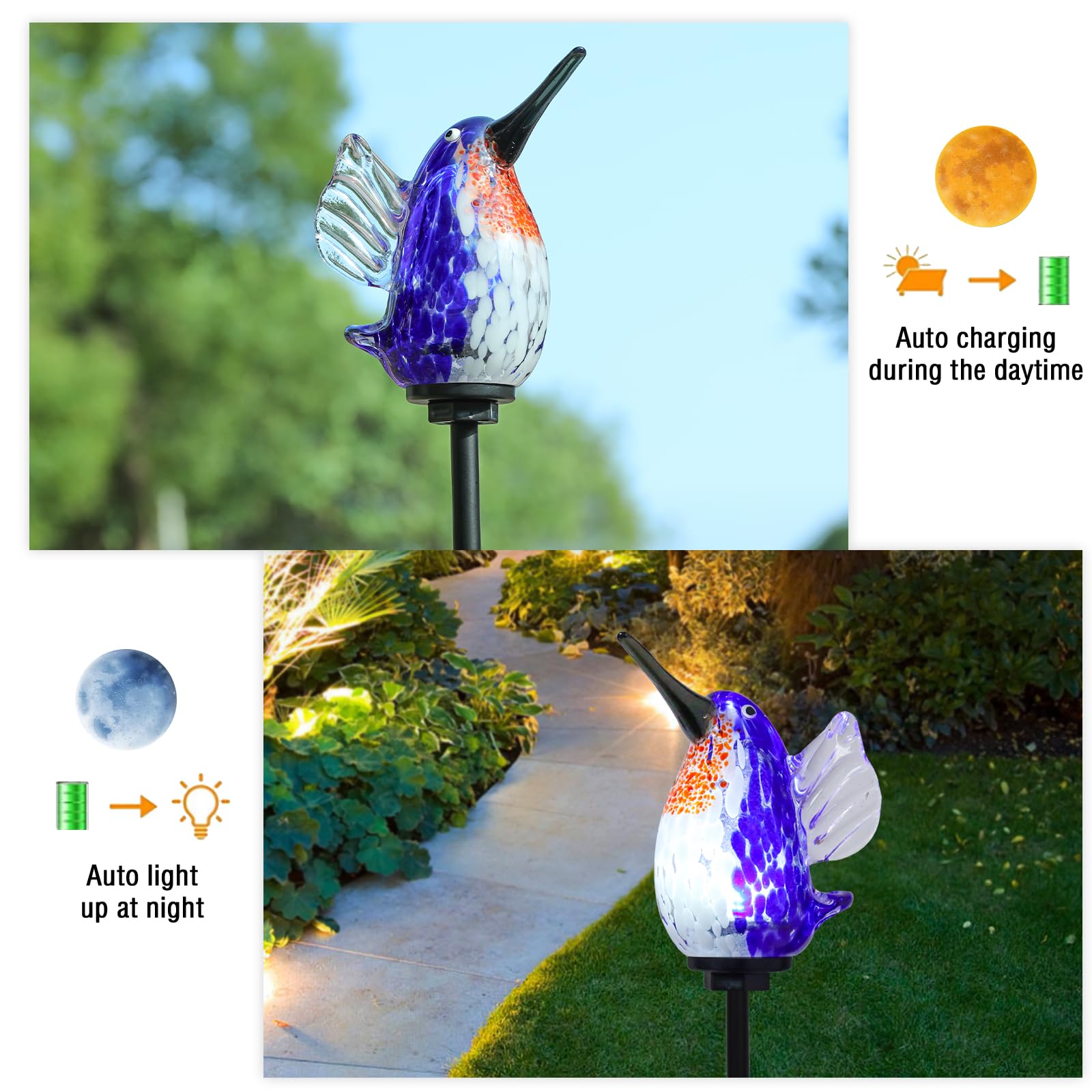 Bshine Solar Garden Decoration Outdoor Hummingbird Lights Stake  Hand Blown Glass Waterproof Solar Light Decorate Paths  Pathways  Lawns And Yards Art For Mom Gifts