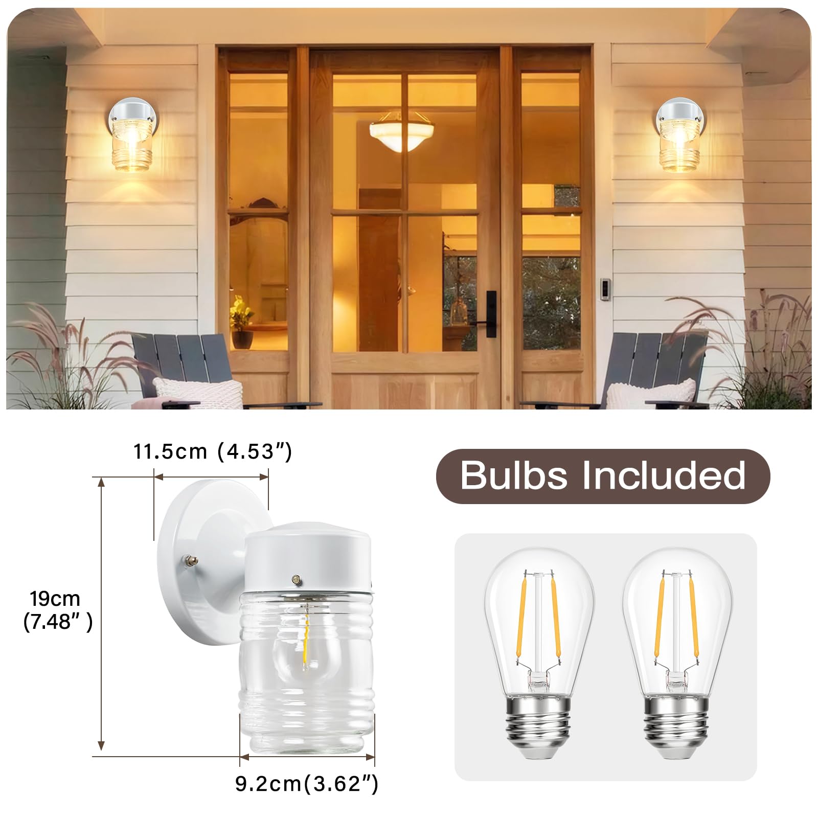 Ejiaxin 2 Pack Outdoor Wall Lantern - White Exterior Waterproof Wall Sconce Light Fixtures - Porch Lights Front Door Wall Lighting With Clear Glass Shade E26 Socket Wall Lamp For Patio Entryway