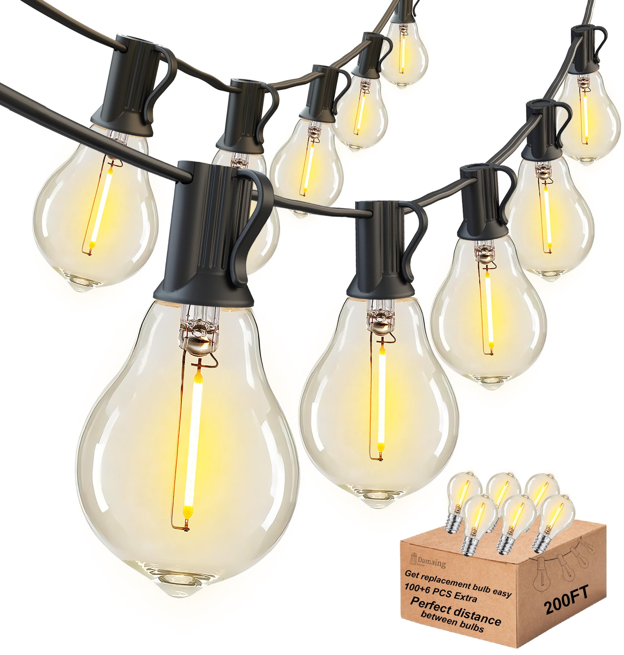 DAMAING 200FT LED Outdoor String Lights with 100+5 Shatterproof Bulbs A39, IP44 Waterproof, Commercial Grade Patio String Lights