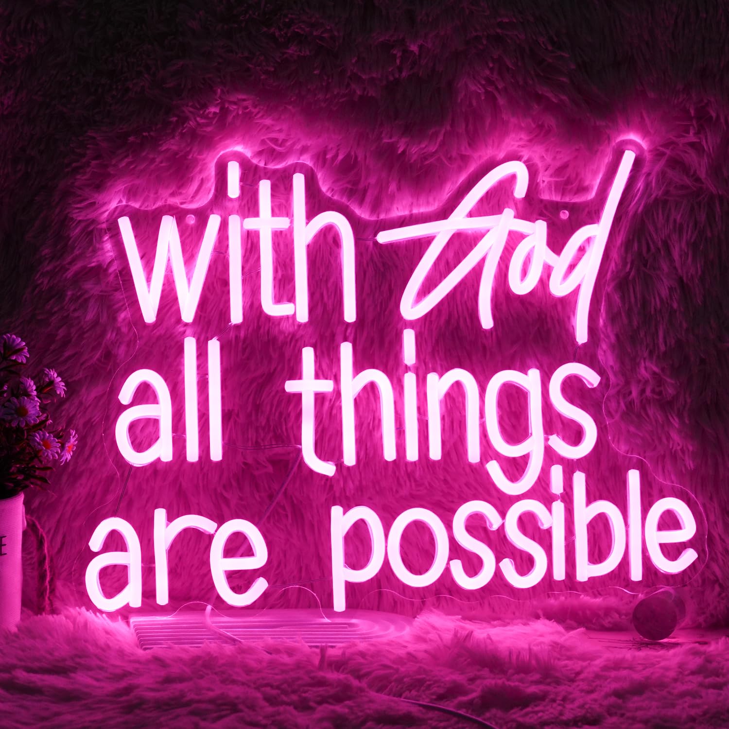 GNVETZLL Neon Sign - With God All Things Are Possible, Pink Acrylic LED Light, Dimmable, 16.9 x 13 Inch for Wall Decor